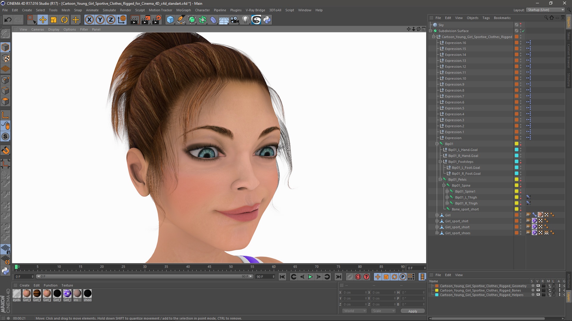 3D Cartoon Young Girl Sportive Clothes Rigged for Cinema 4D