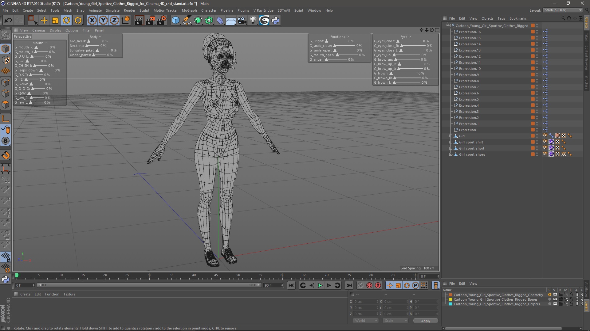 3D Cartoon Young Girl Sportive Clothes Rigged for Cinema 4D