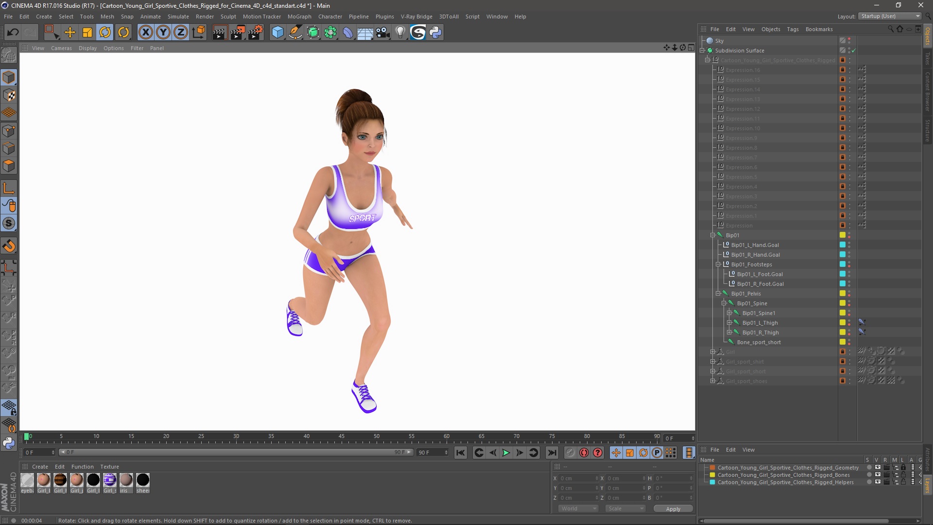 3D Cartoon Young Girl Sportive Clothes Rigged for Cinema 4D