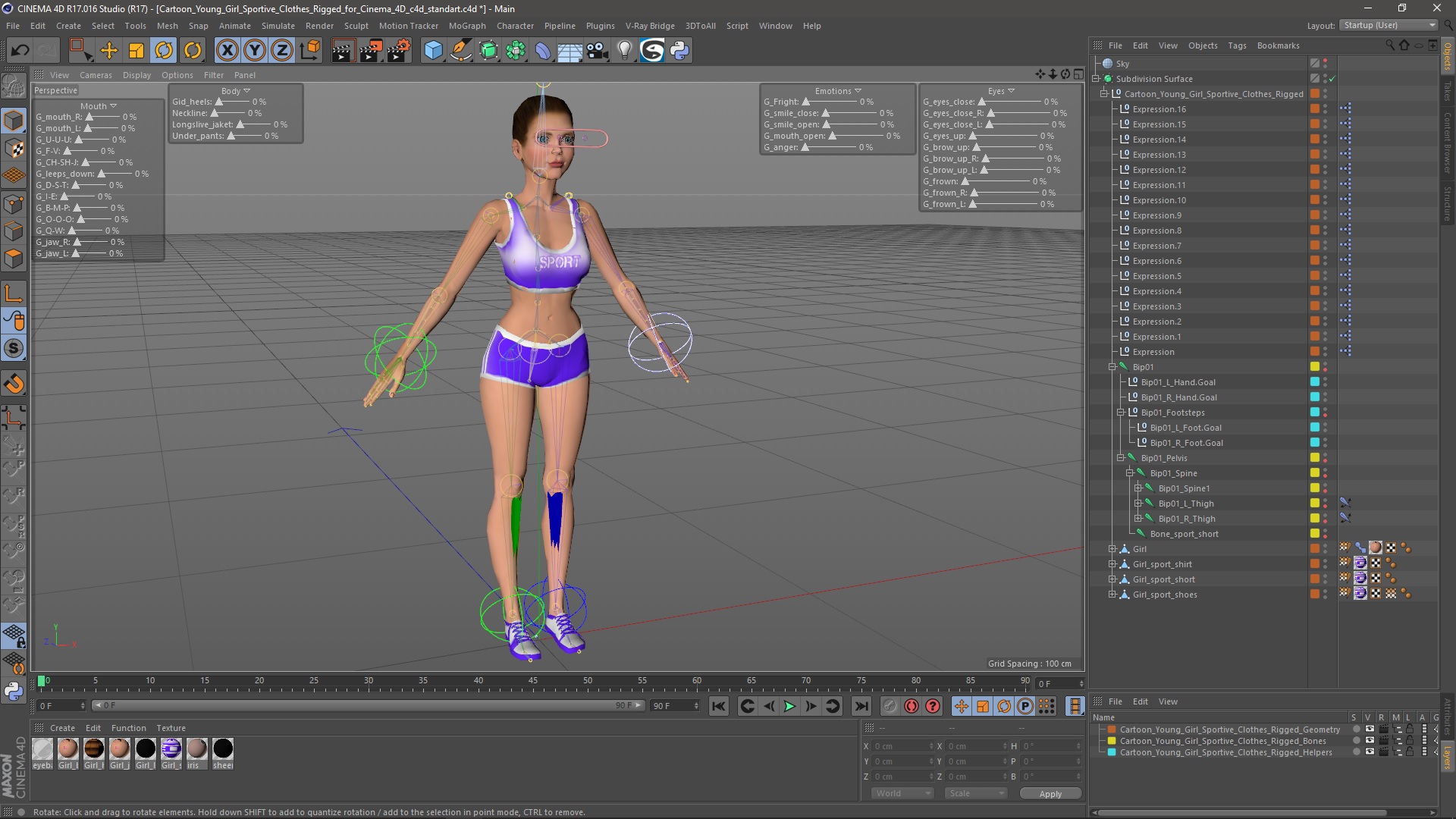 3D Cartoon Young Girl Sportive Clothes Rigged for Cinema 4D