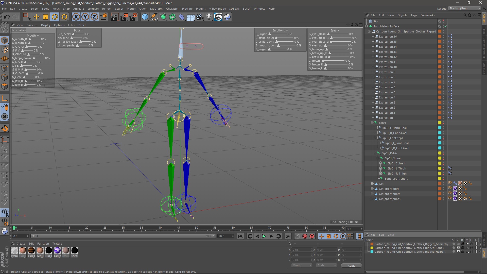 3D Cartoon Young Girl Sportive Clothes Rigged for Cinema 4D