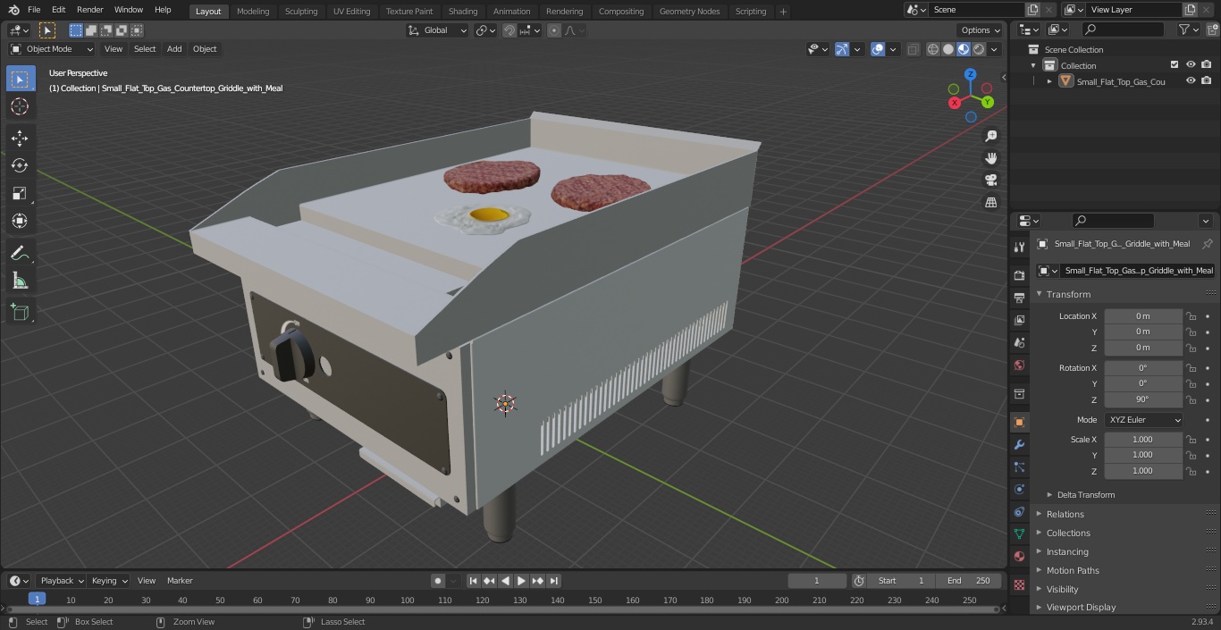 Small Flat Top Gas Countertop Griddle with Meal 3D