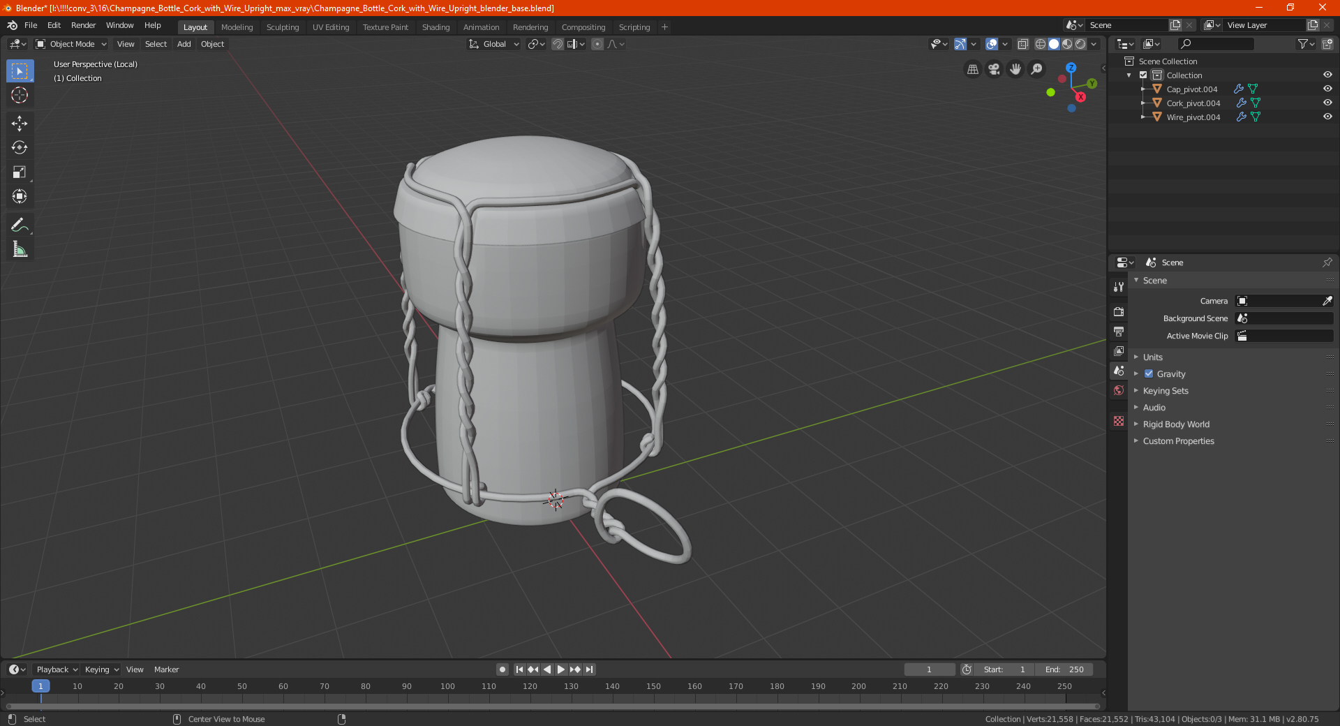 Champagne Bottle Cork with Wire Upright 3D model