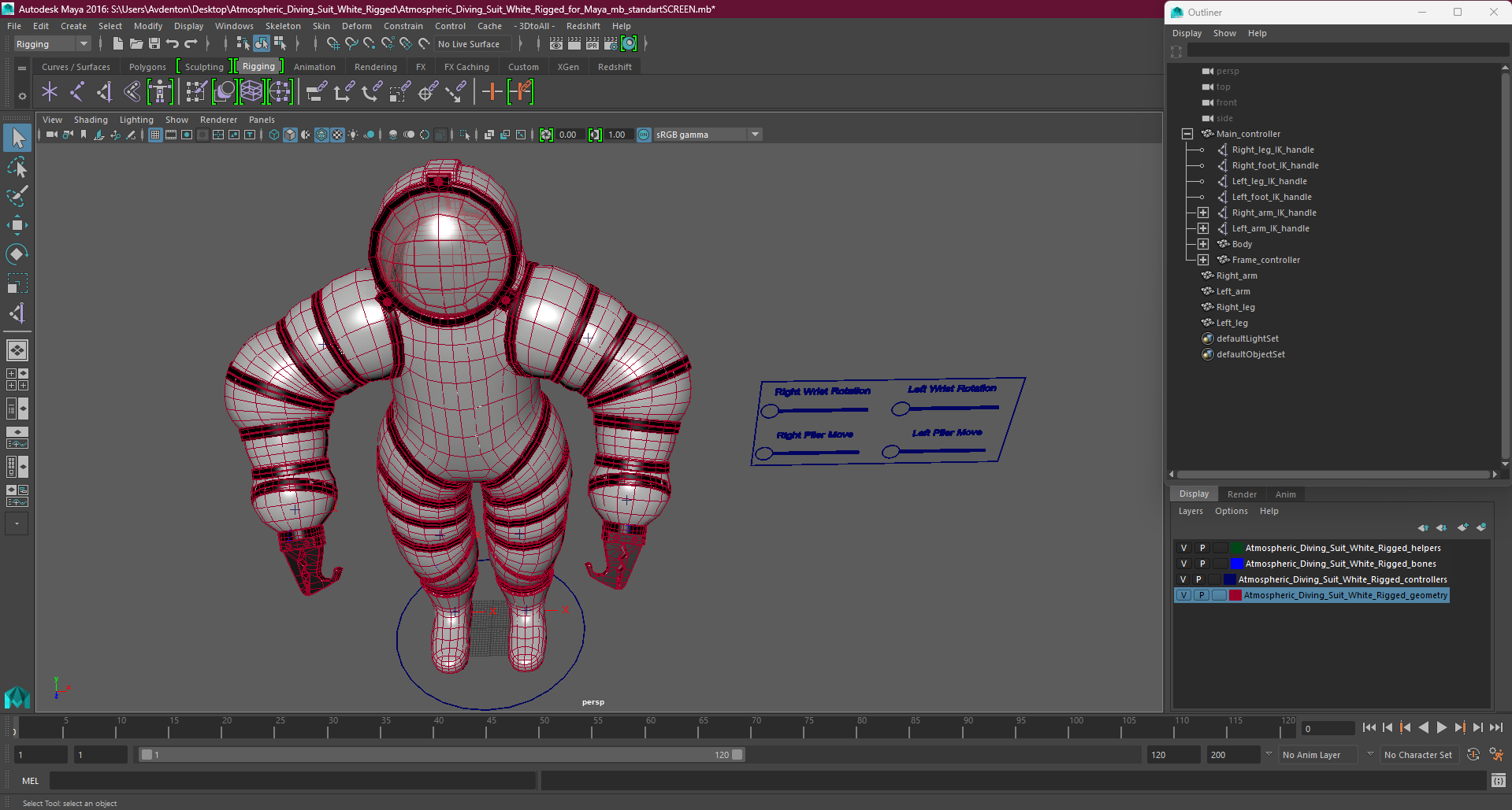 3D model Atmospheric Diving Suit White Rigged for Maya