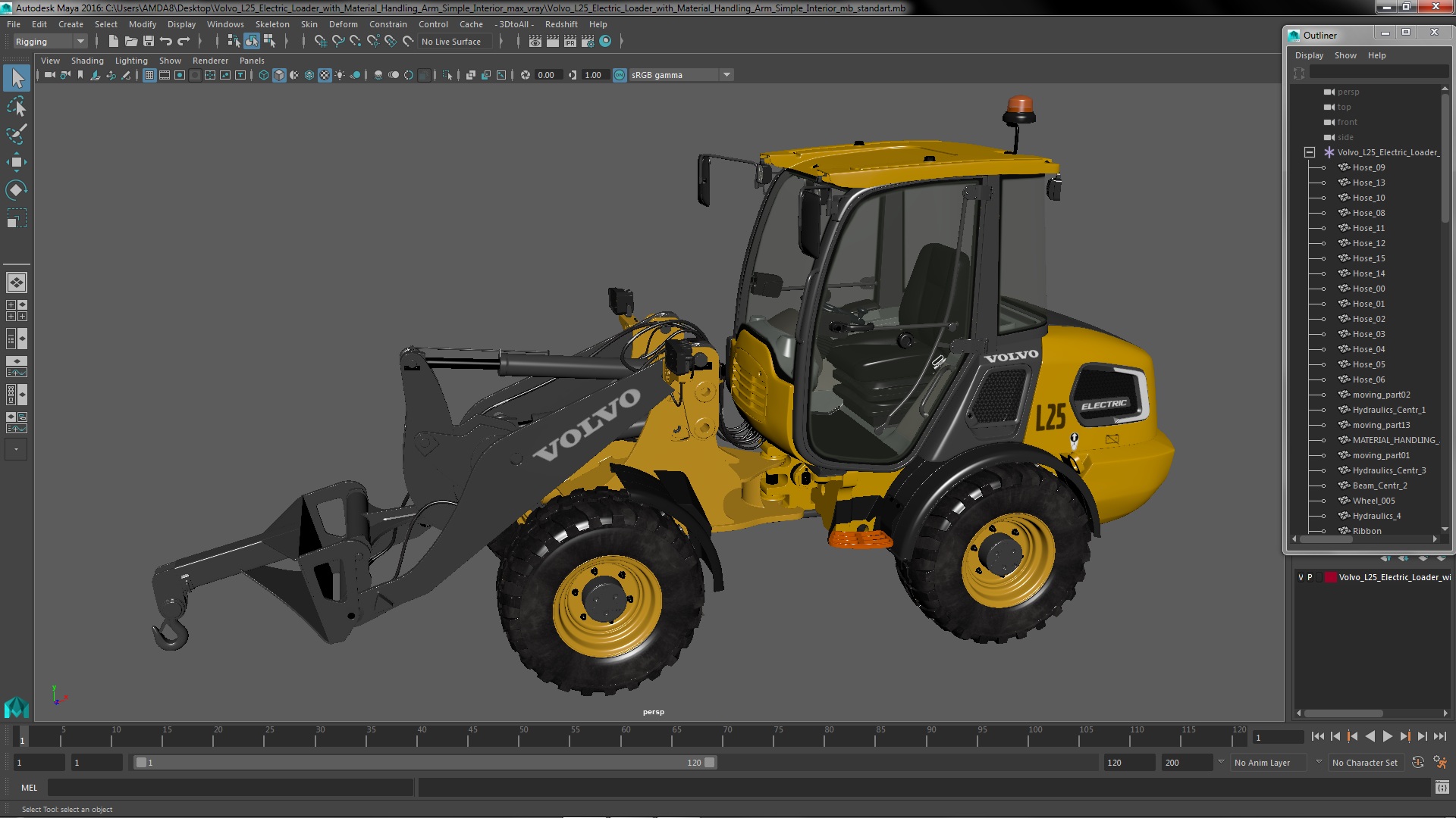 3D Volvo L25 Electric Loader with Material Handling Arm Simple Interior model