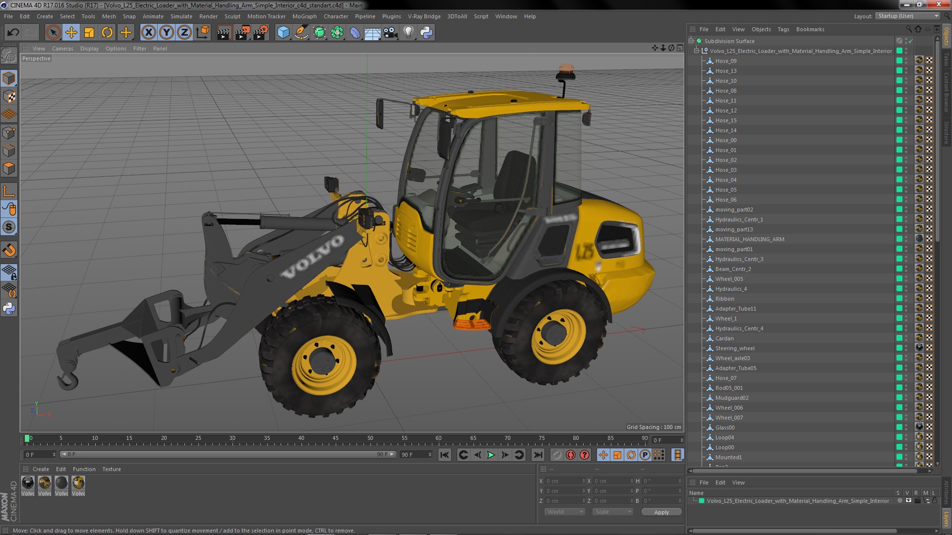 3D Volvo L25 Electric Loader with Material Handling Arm Simple Interior model