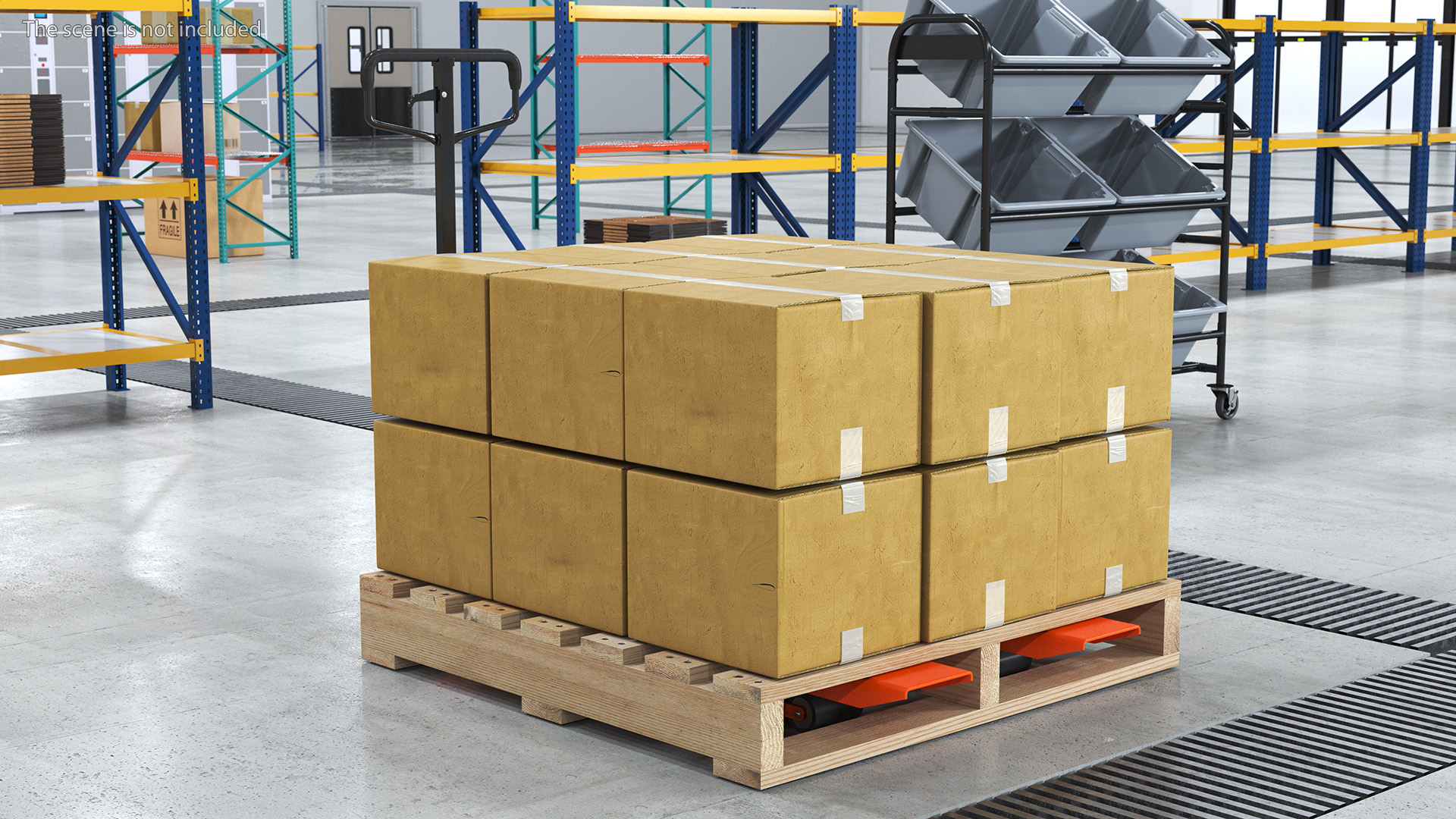 3D model Pallet Jack with Wooden Pallet and Boxes
