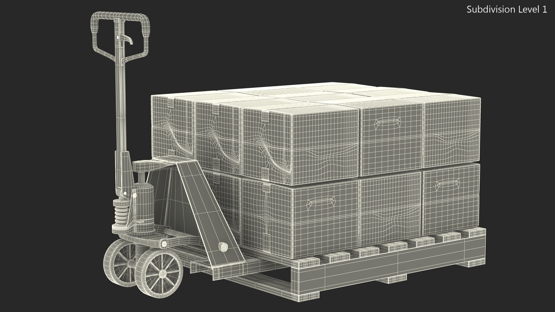 3D model Pallet Jack with Wooden Pallet and Boxes