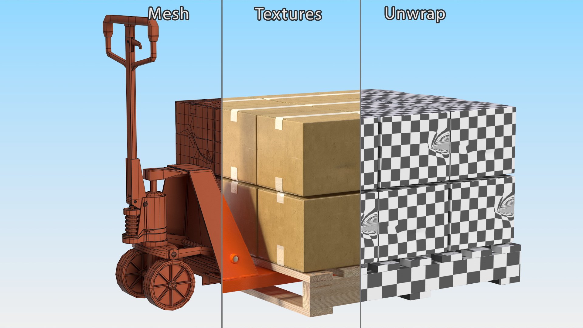3D model Pallet Jack with Wooden Pallet and Boxes