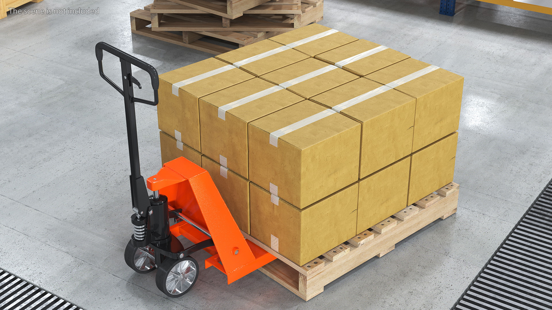 3D model Pallet Jack with Wooden Pallet and Boxes