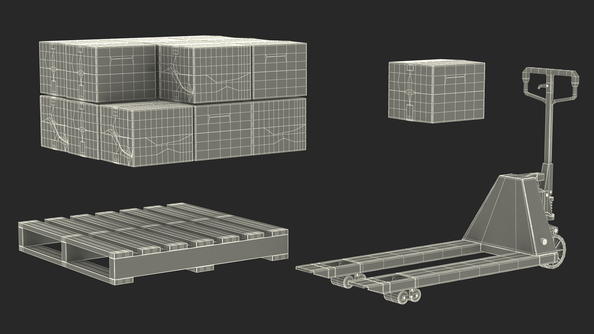 3D model Pallet Jack with Wooden Pallet and Boxes