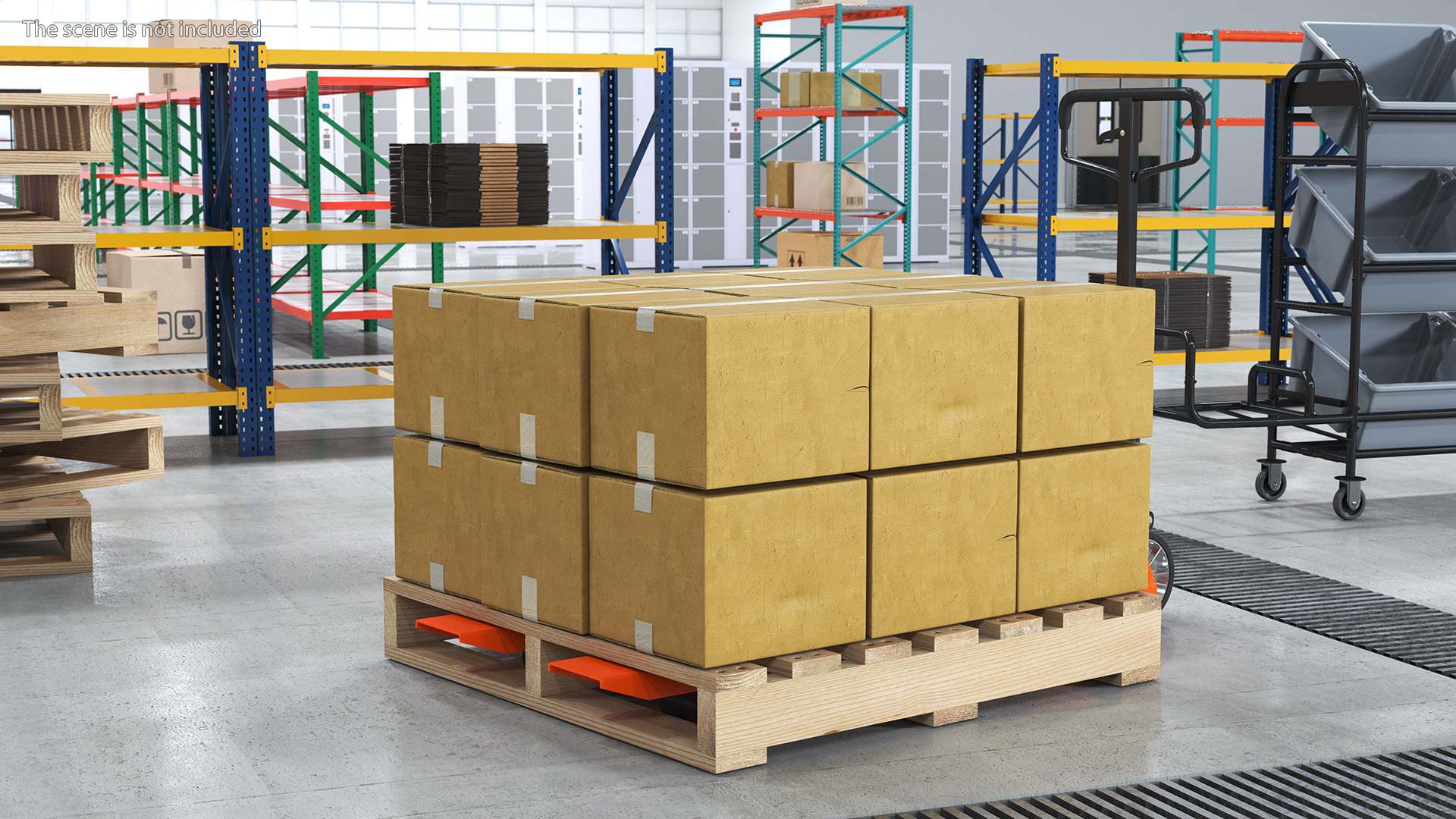 3D model Pallet Jack with Wooden Pallet and Boxes