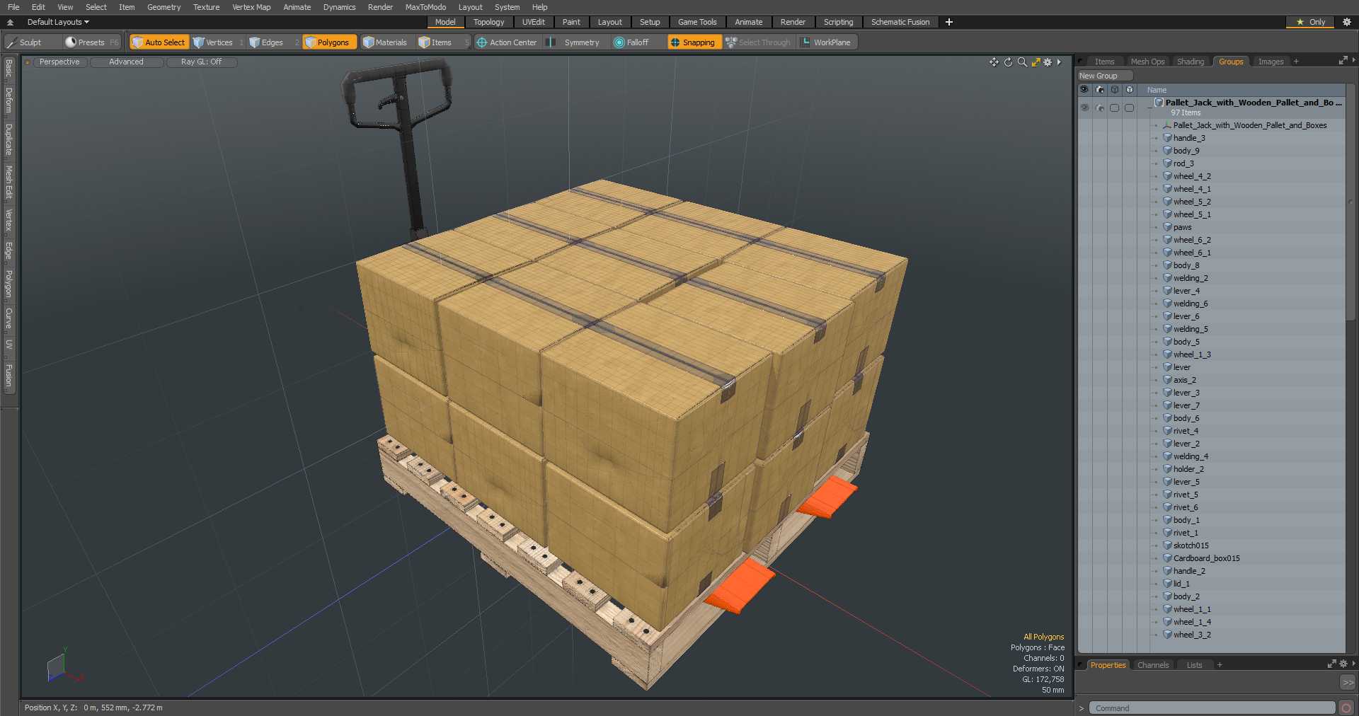 3D model Pallet Jack with Wooden Pallet and Boxes