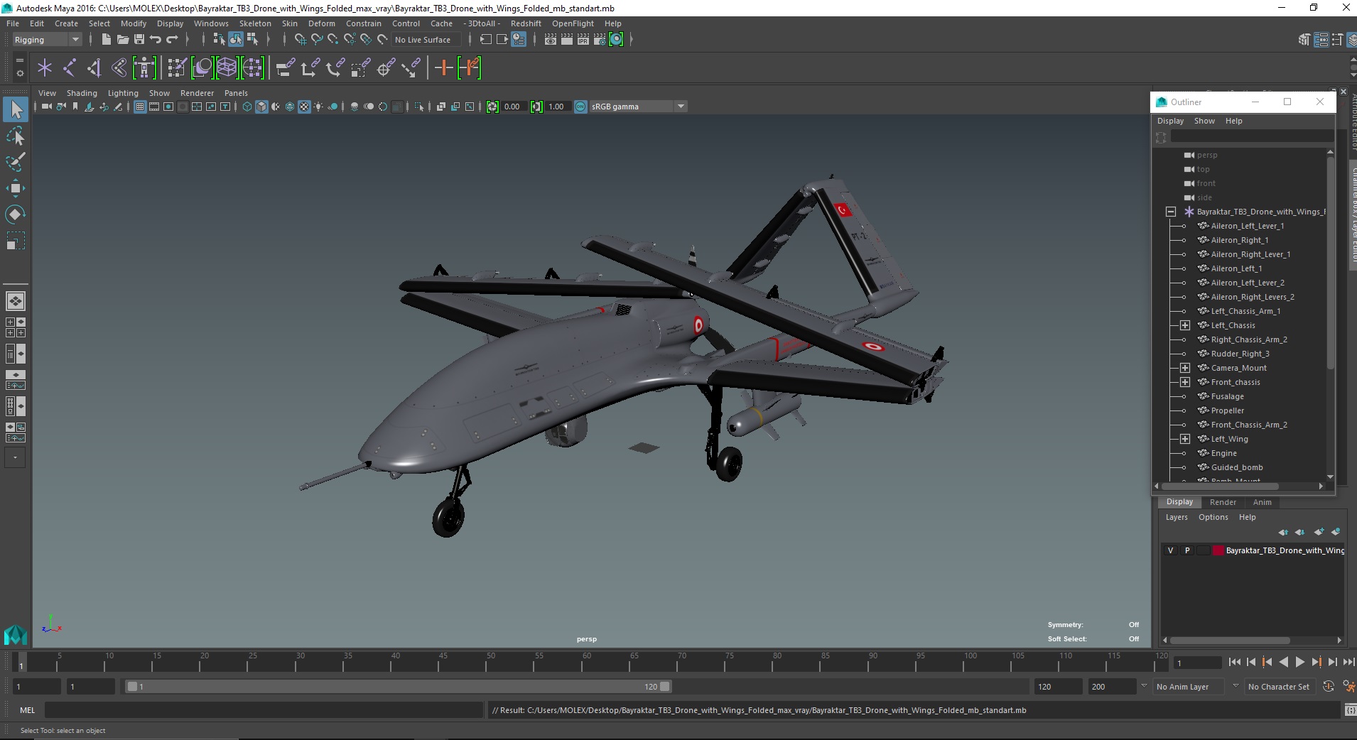 Bayraktar TB3 Drone with Wings Folded 3D