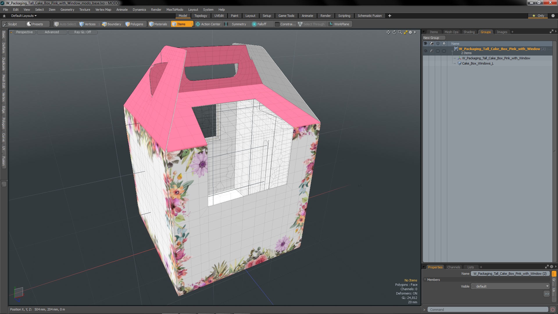 W Packaging Tall Cake Box Pink with Window 3D