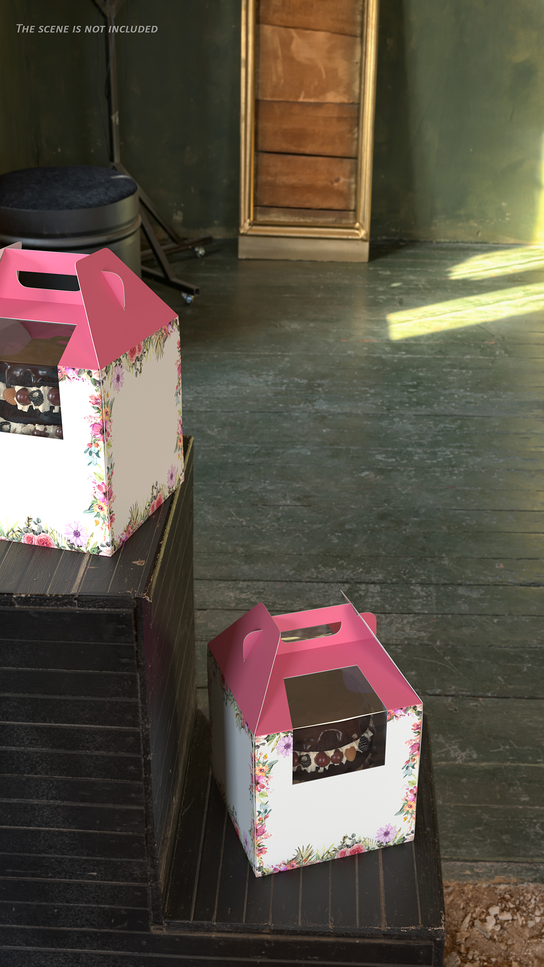 W Packaging Tall Cake Box Pink with Window 3D