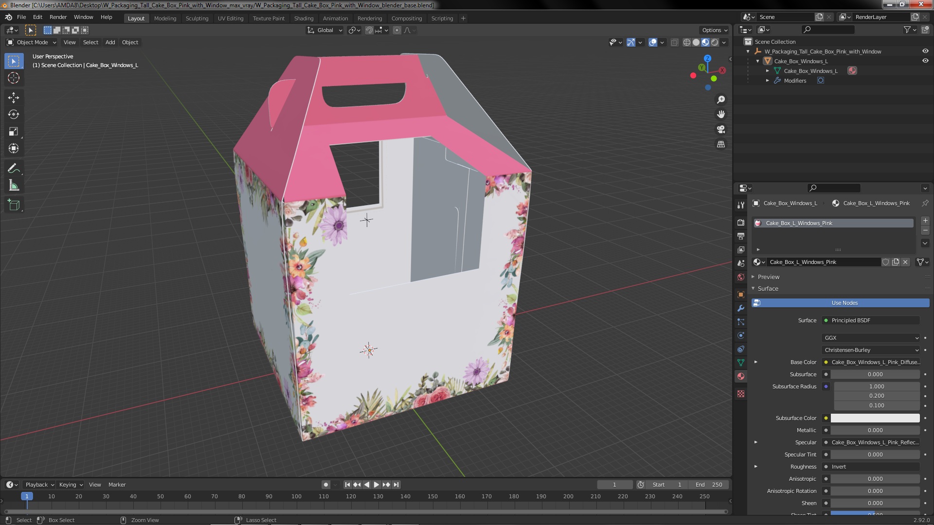 W Packaging Tall Cake Box Pink with Window 3D