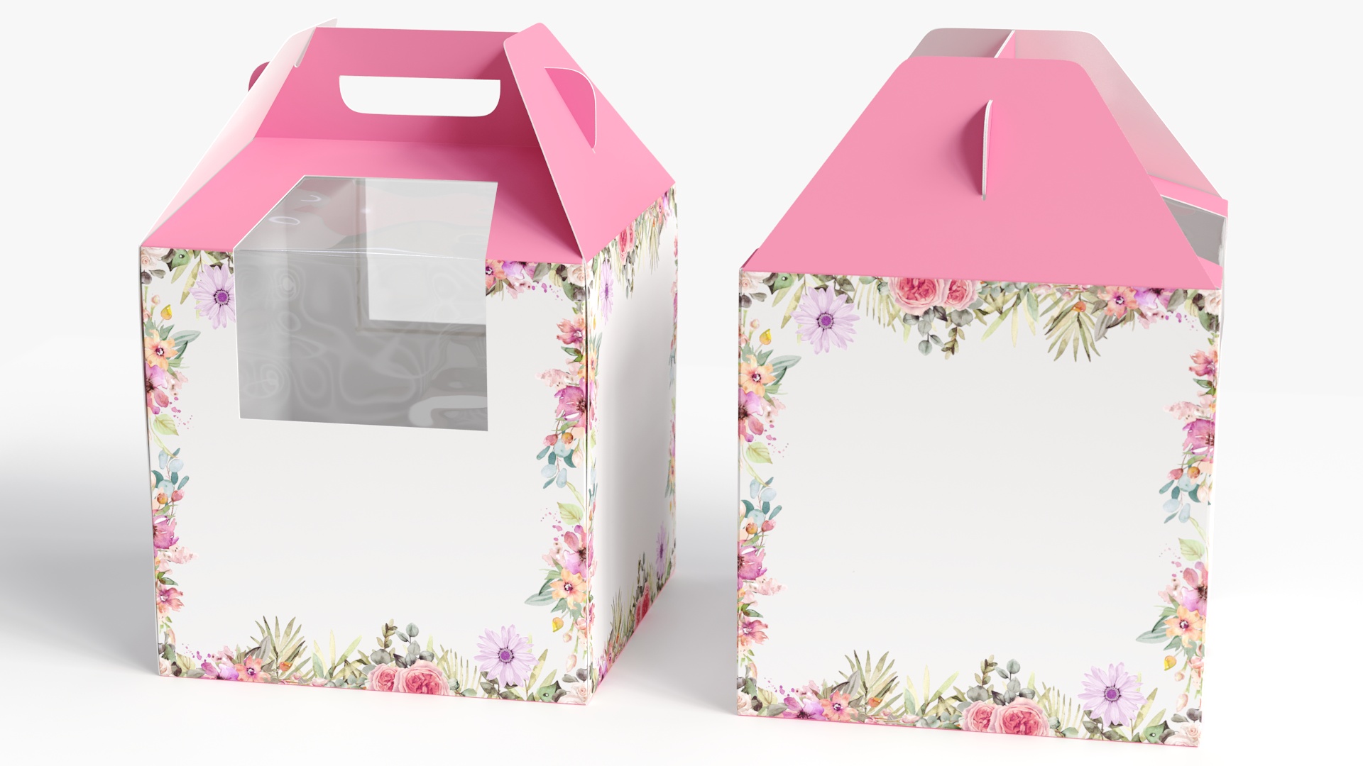 W Packaging Tall Cake Box Pink with Window 3D