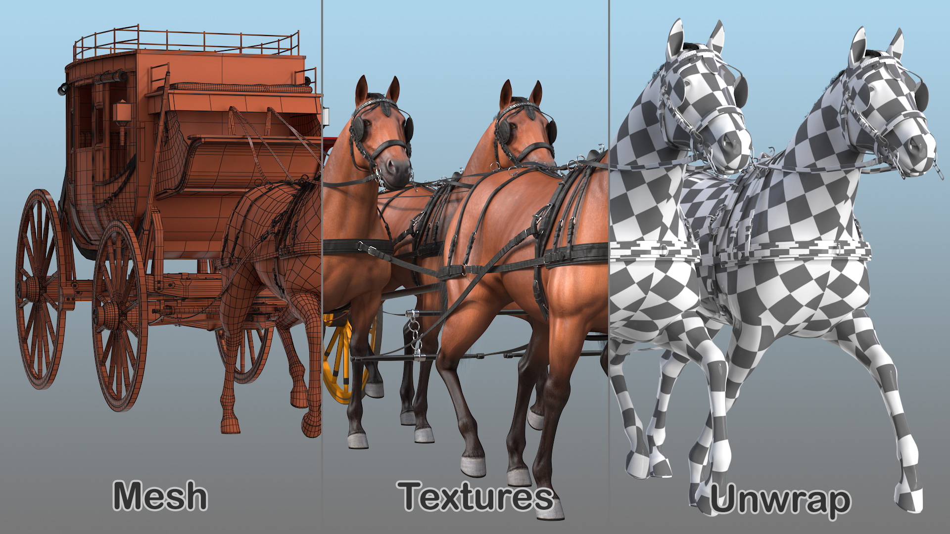 3D Stagecoach with Horses Fur