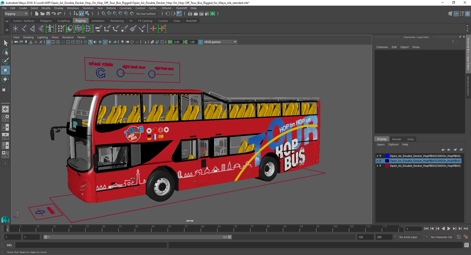 Open Air Double Decker Hop-On Hop-Off Tour Bus Rigged for Maya 3D