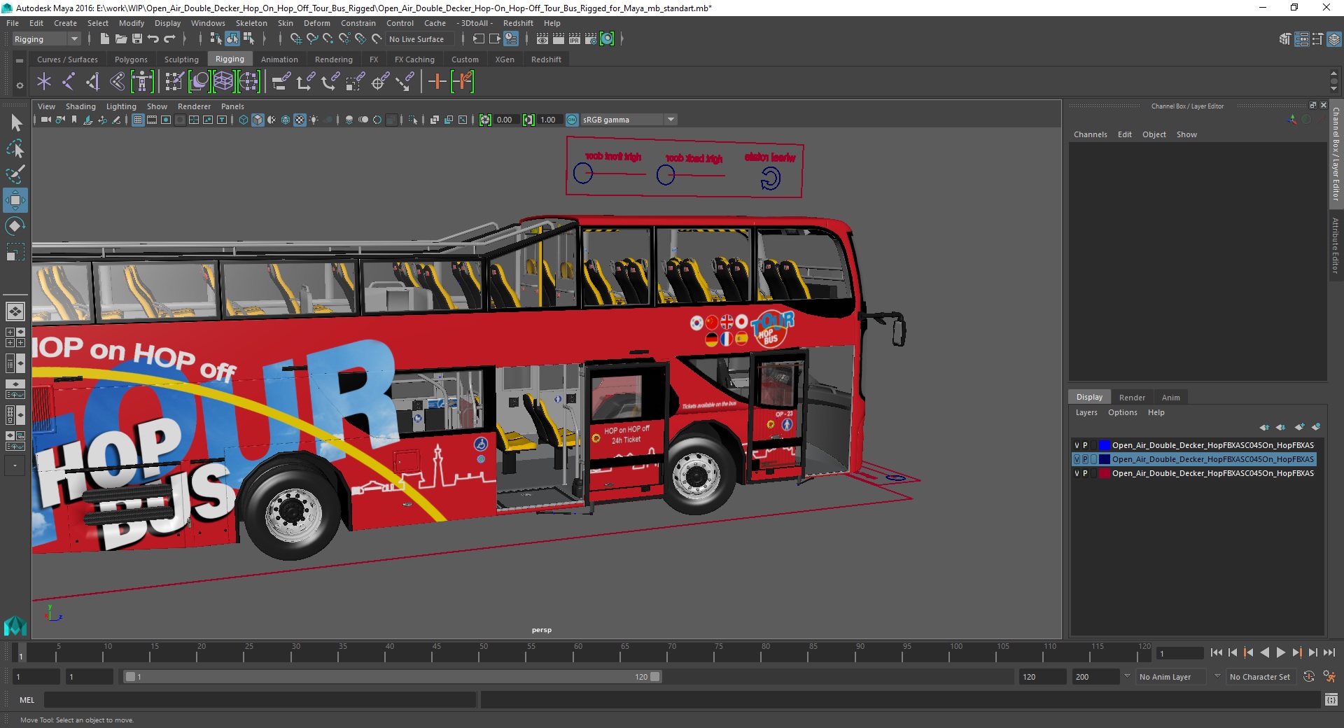 Open Air Double Decker Hop-On Hop-Off Tour Bus Rigged for Maya 3D
