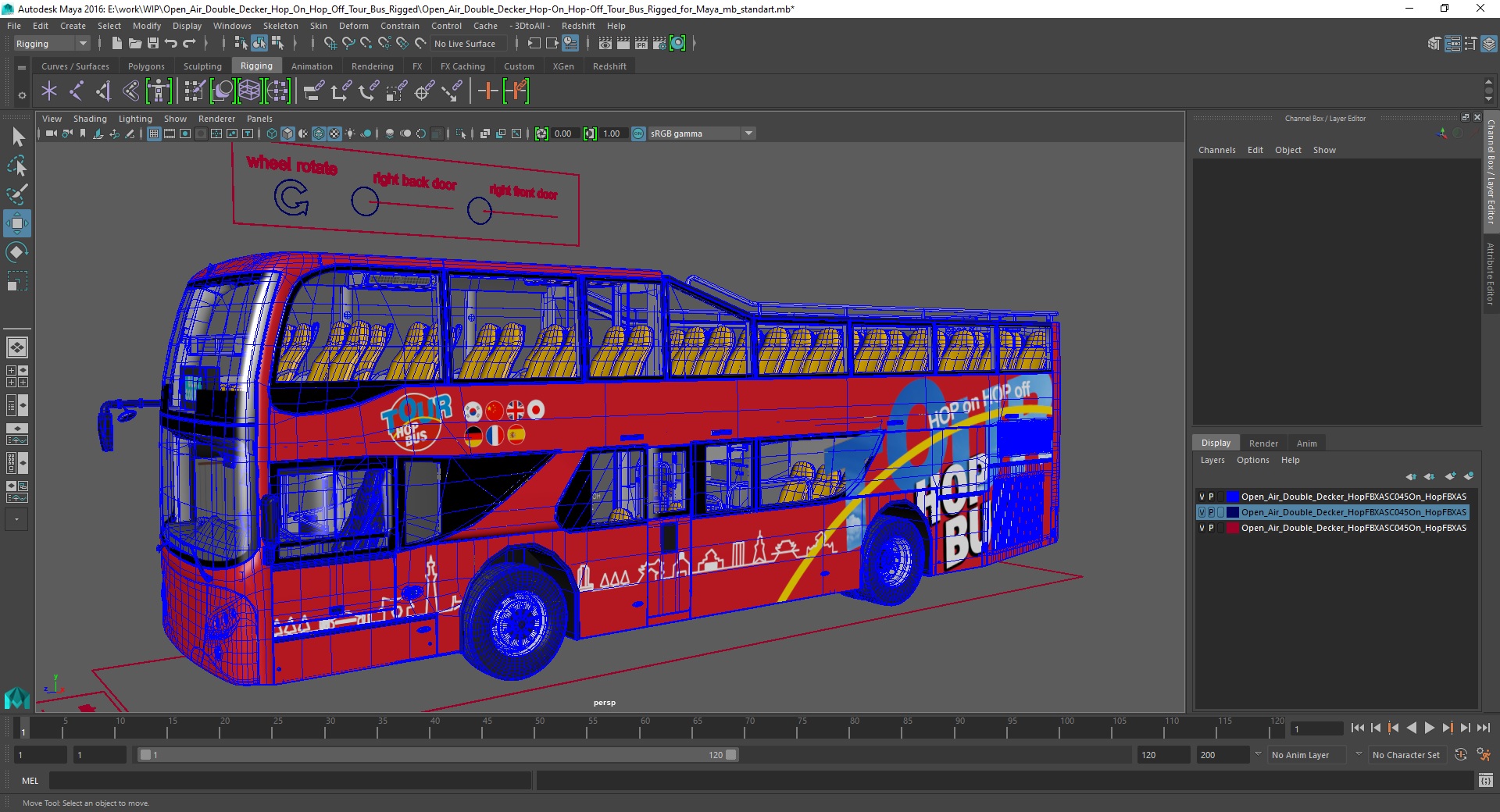 Open Air Double Decker Hop-On Hop-Off Tour Bus Rigged for Maya 3D