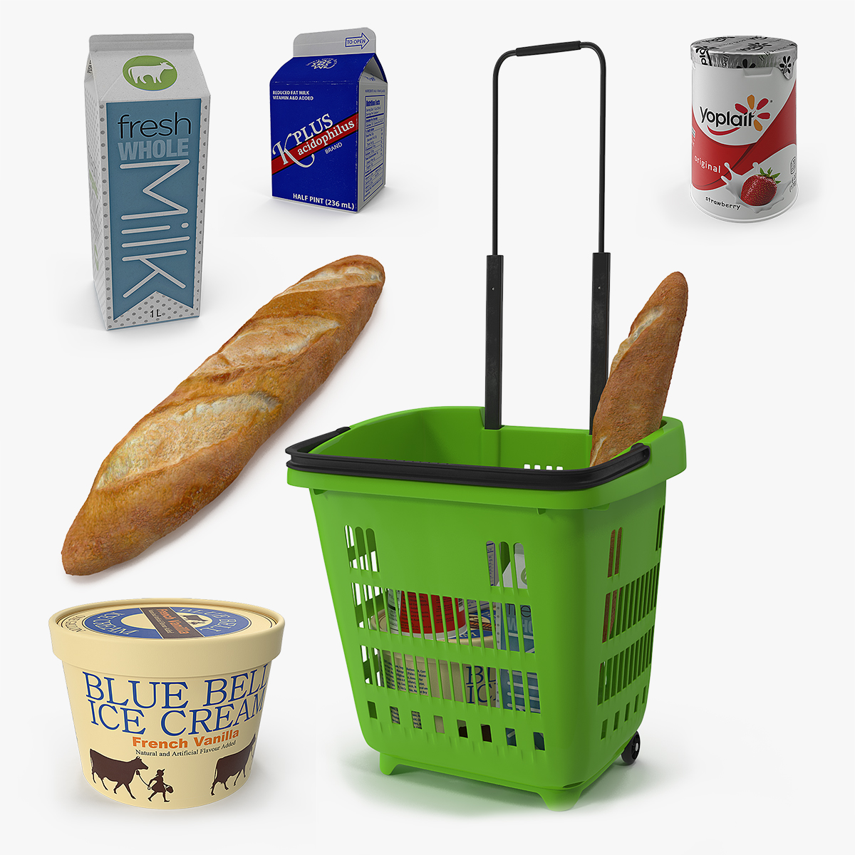 Plastic Roll Shopping Basket with Goods 3D Model
