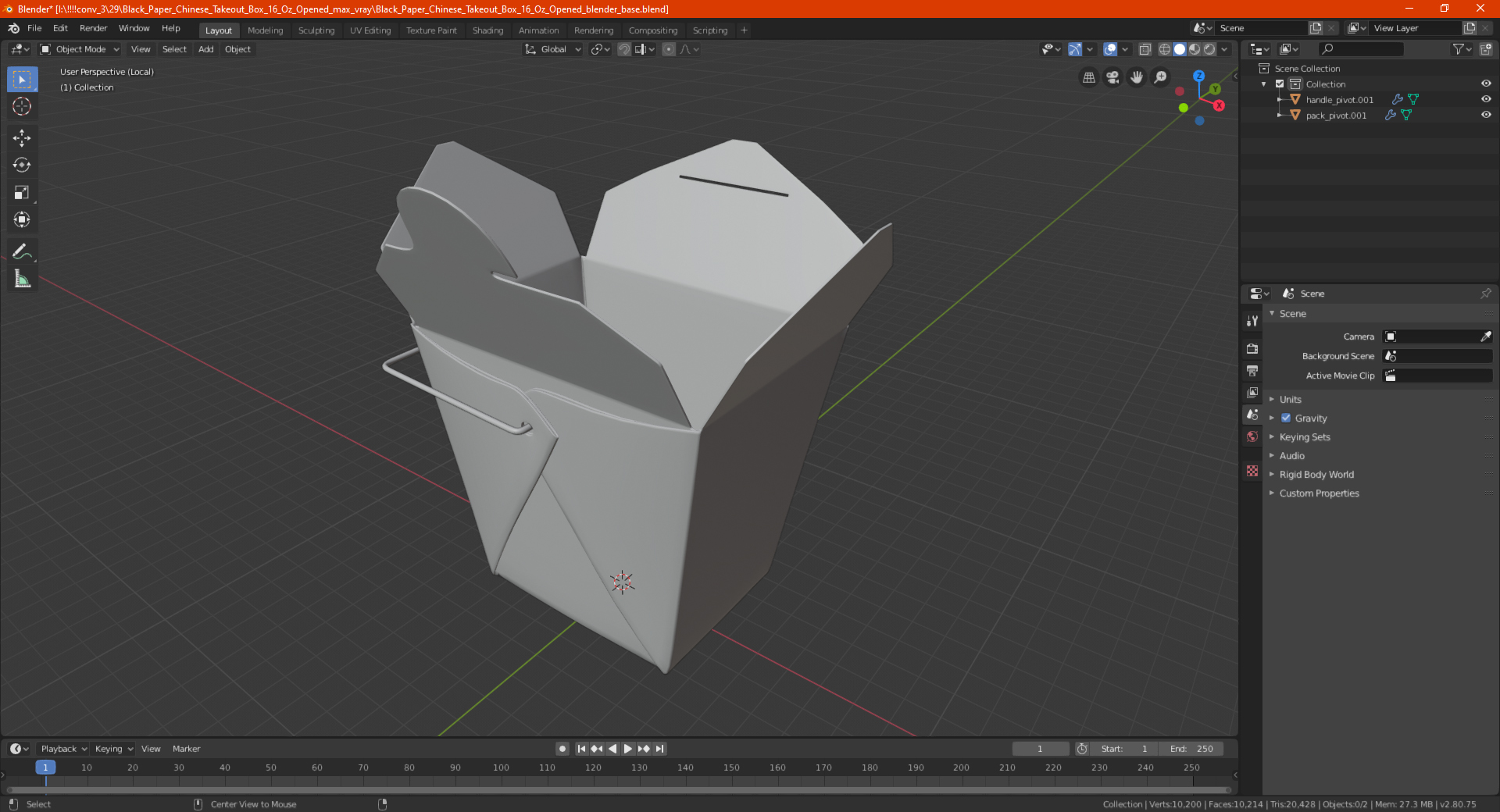 Black Paper Chinese Takeout Box 16 Oz Opened 3D model