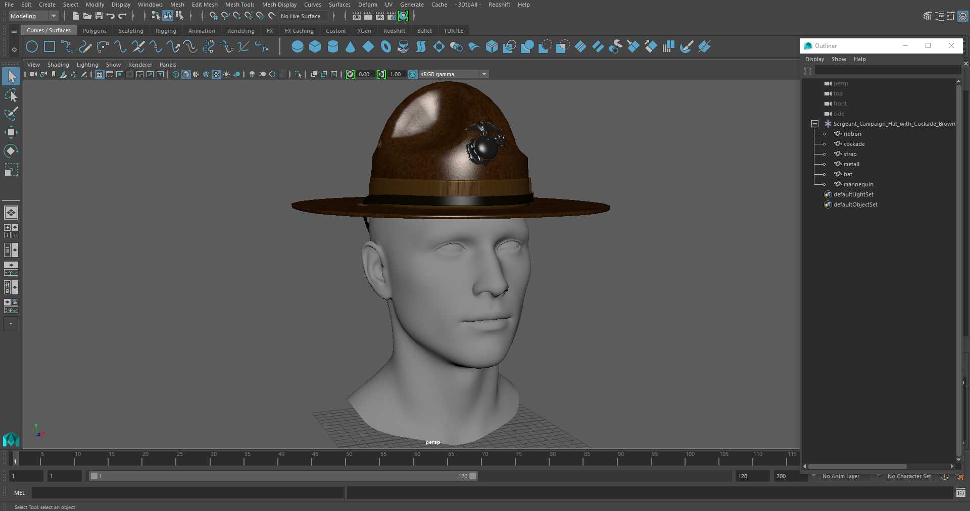 3D Sergeant Campaign Hat with Cockade Brown on Mannequin model