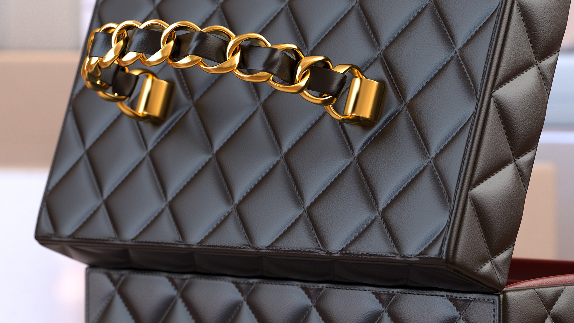 Chanel Vintage Black Quilted Cosmetic Bag Train Case Open 3D