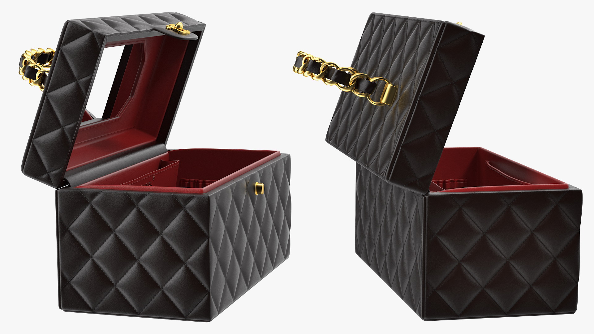 Chanel Vintage Black Quilted Cosmetic Bag Train Case Open 3D