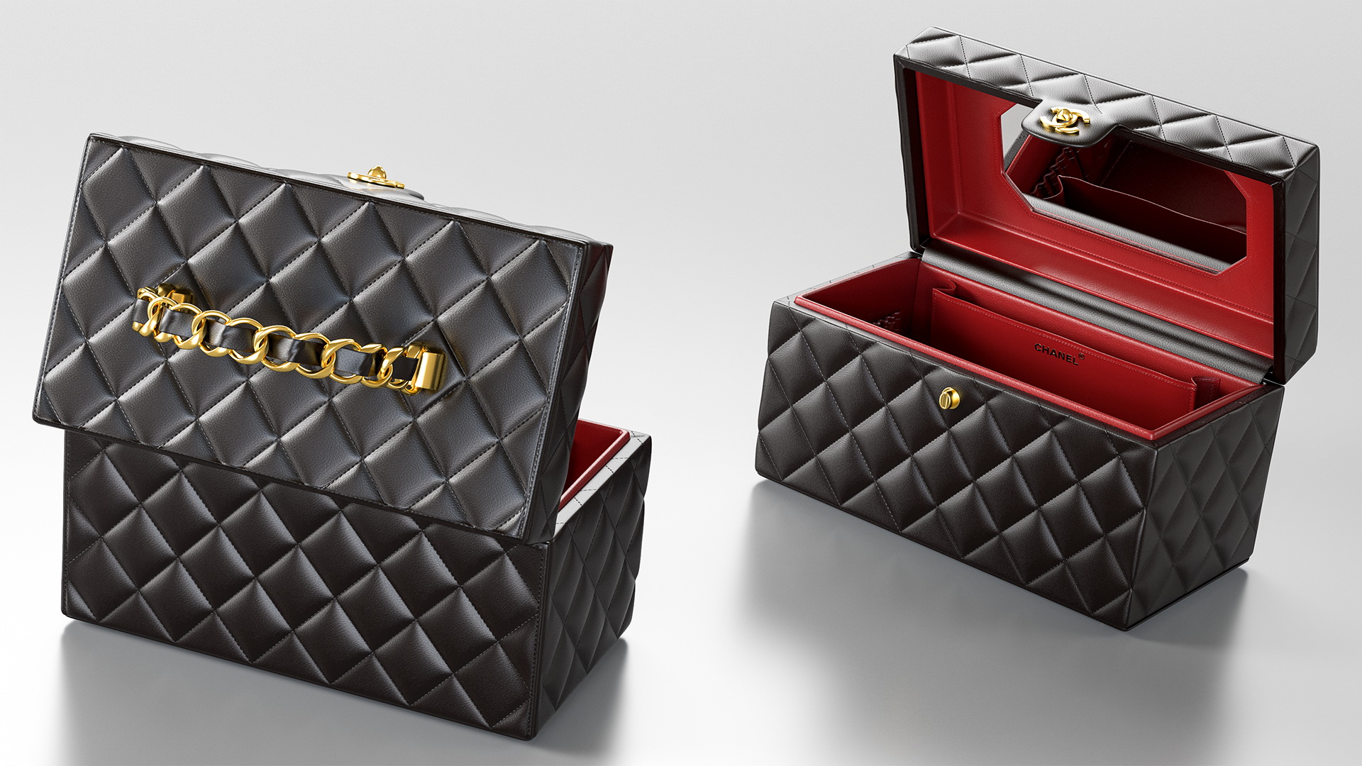 Chanel Vintage Black Quilted Cosmetic Bag Train Case Open 3D