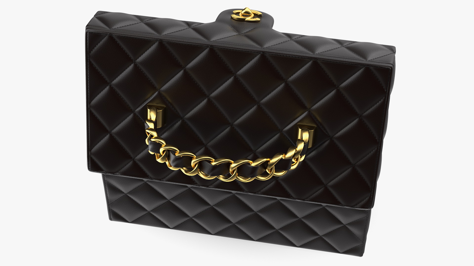 Chanel Vintage Black Quilted Cosmetic Bag Train Case Open 3D