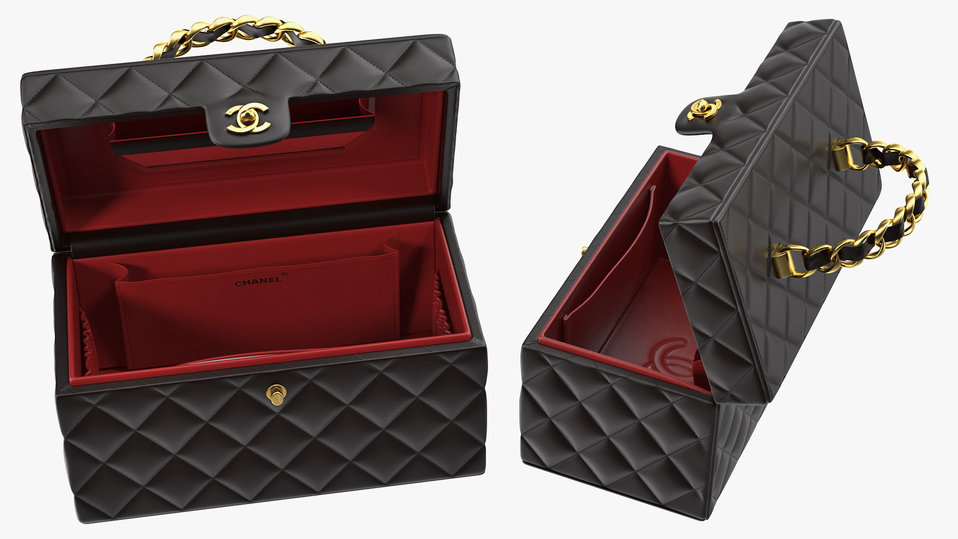 Chanel Vintage Black Quilted Cosmetic Bag Train Case Open 3D
