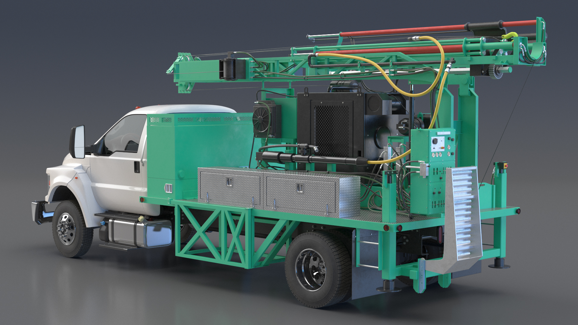 3D Truck-based Mobile Drill Rig Green Rigged
