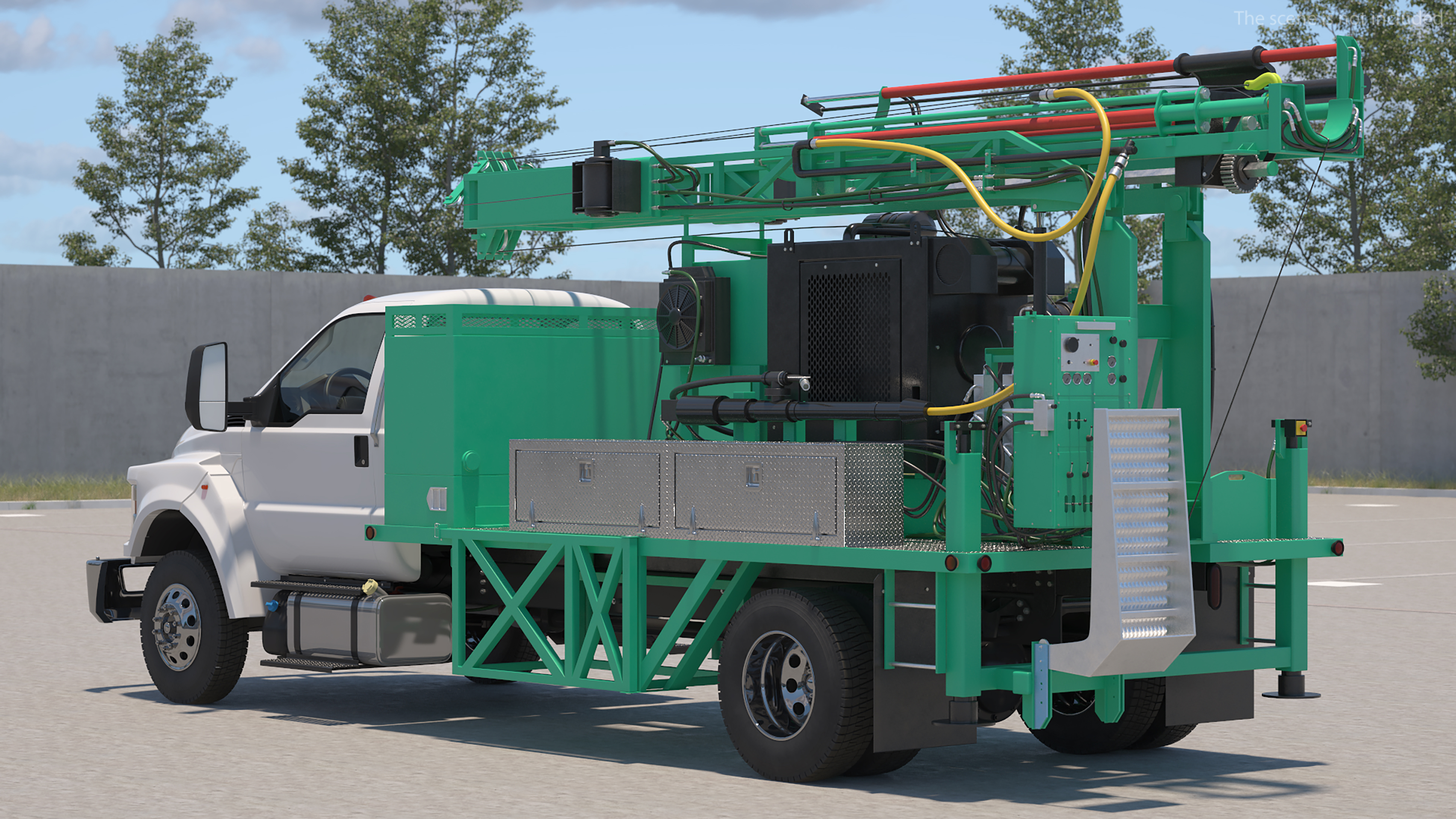 3D Truck-based Mobile Drill Rig Green Rigged