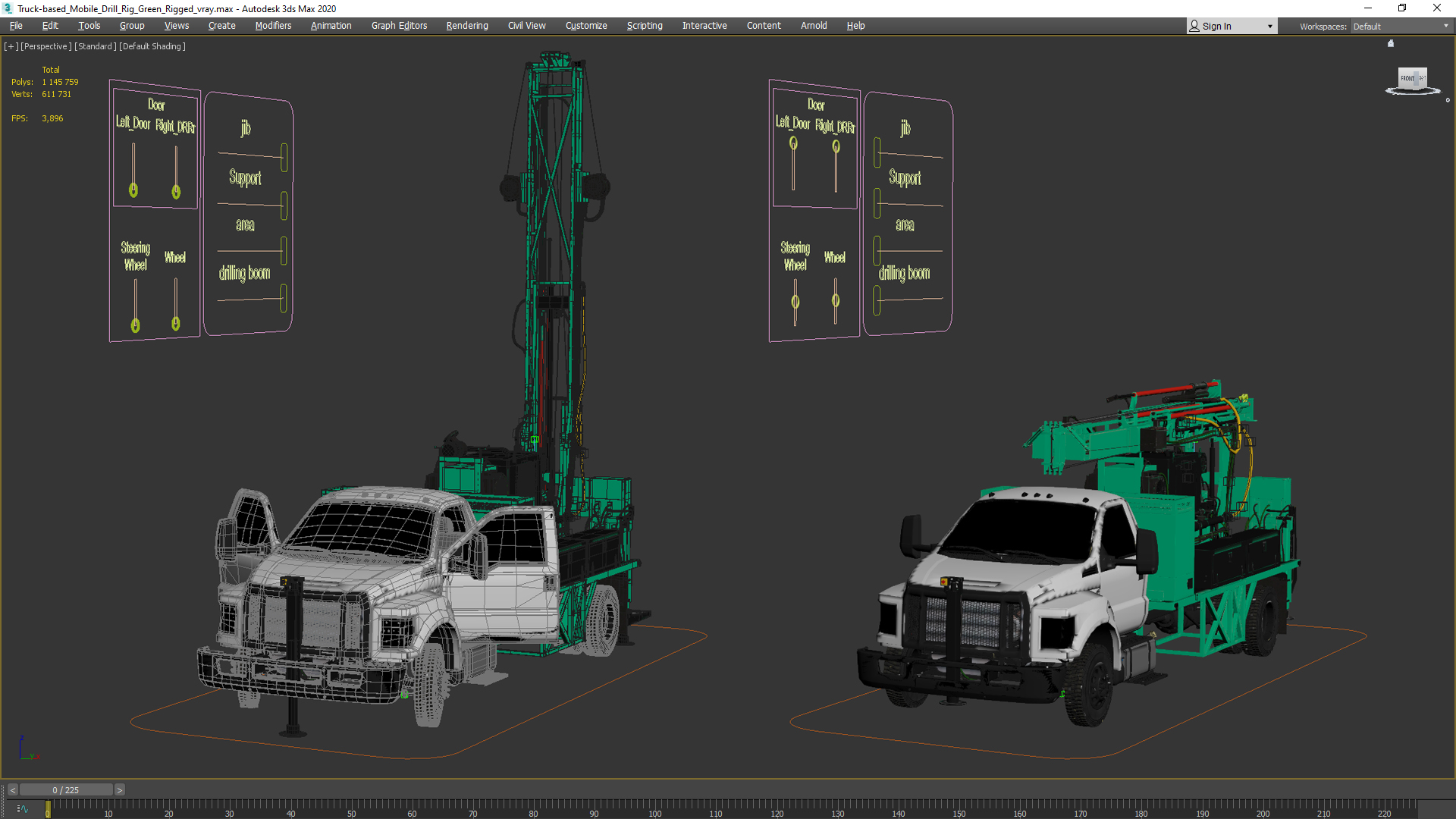 3D Truck-based Mobile Drill Rig Green Rigged