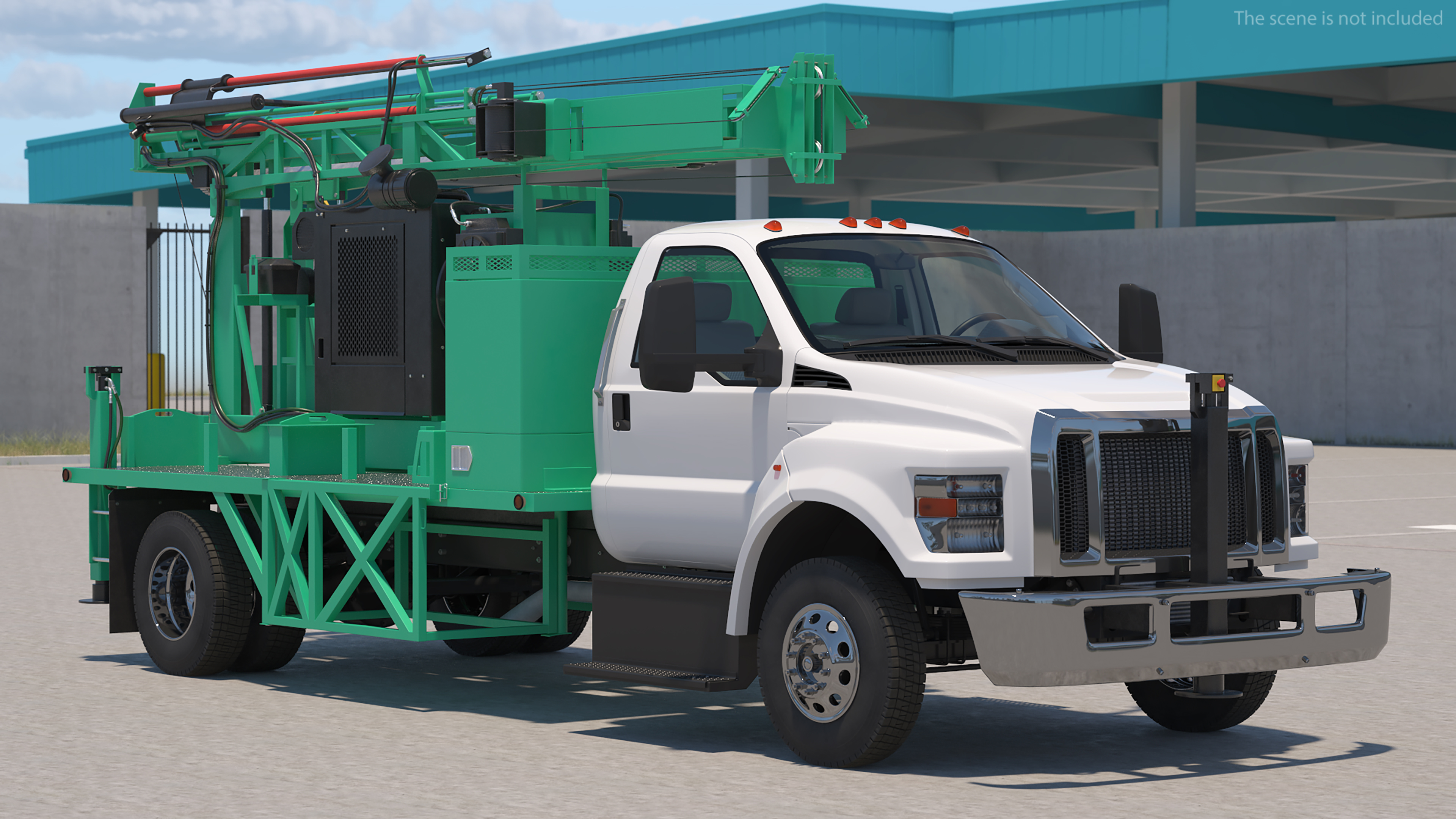 3D Truck-based Mobile Drill Rig Green Rigged