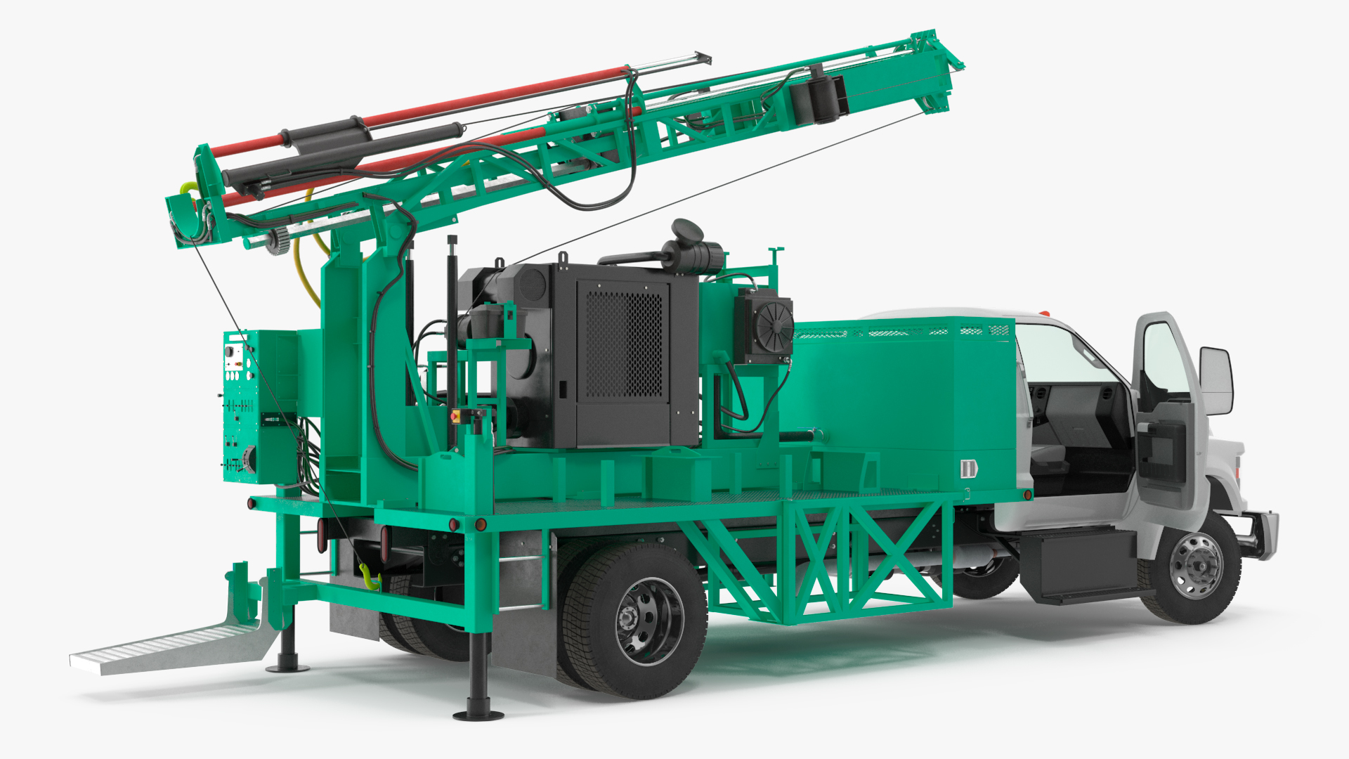 3D Truck-based Mobile Drill Rig Green Rigged