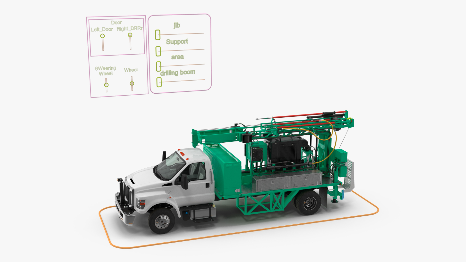 3D Truck-based Mobile Drill Rig Green Rigged