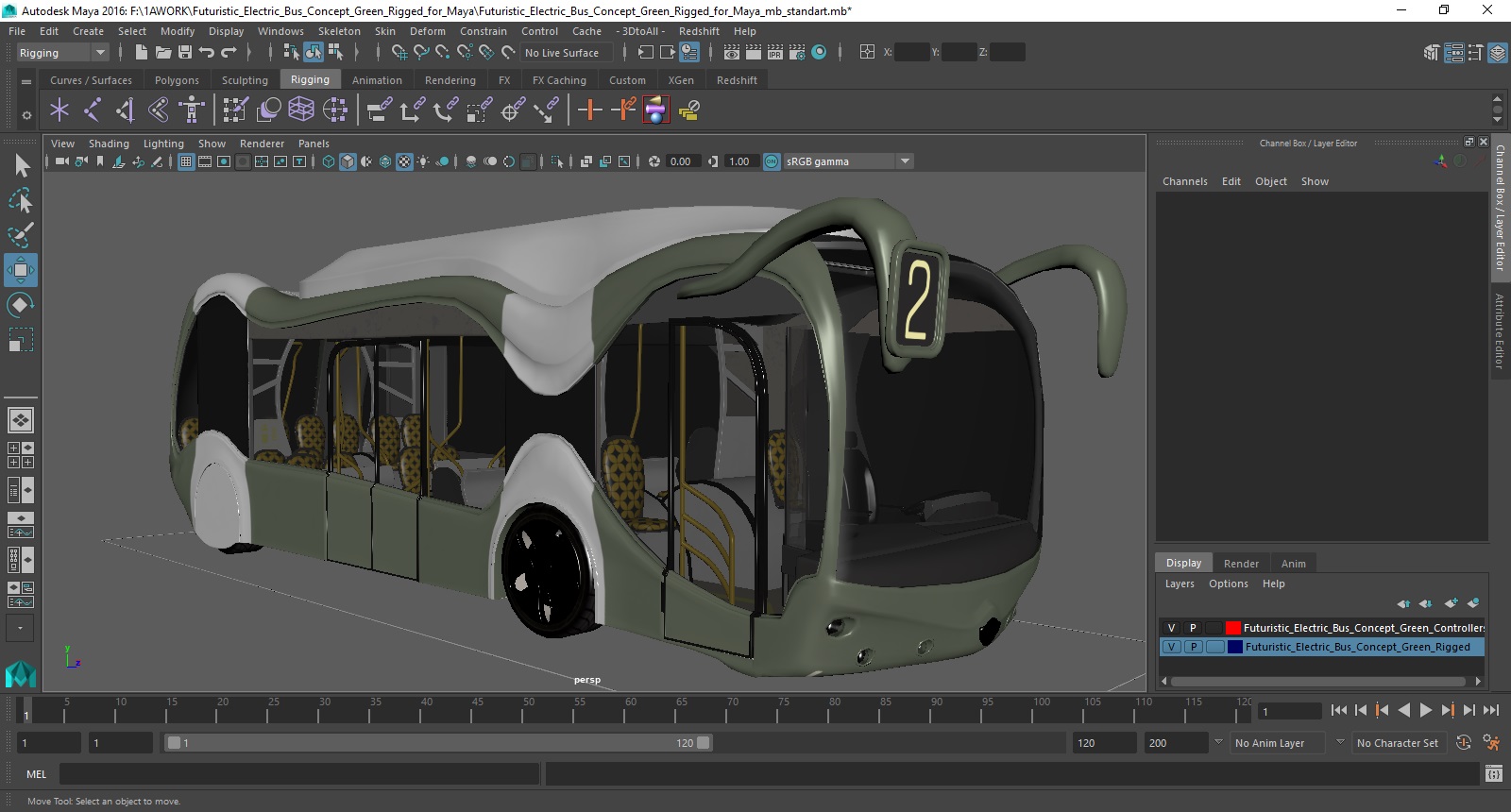 3D Futuristic Electric Bus Concept Green Rigged for Maya model