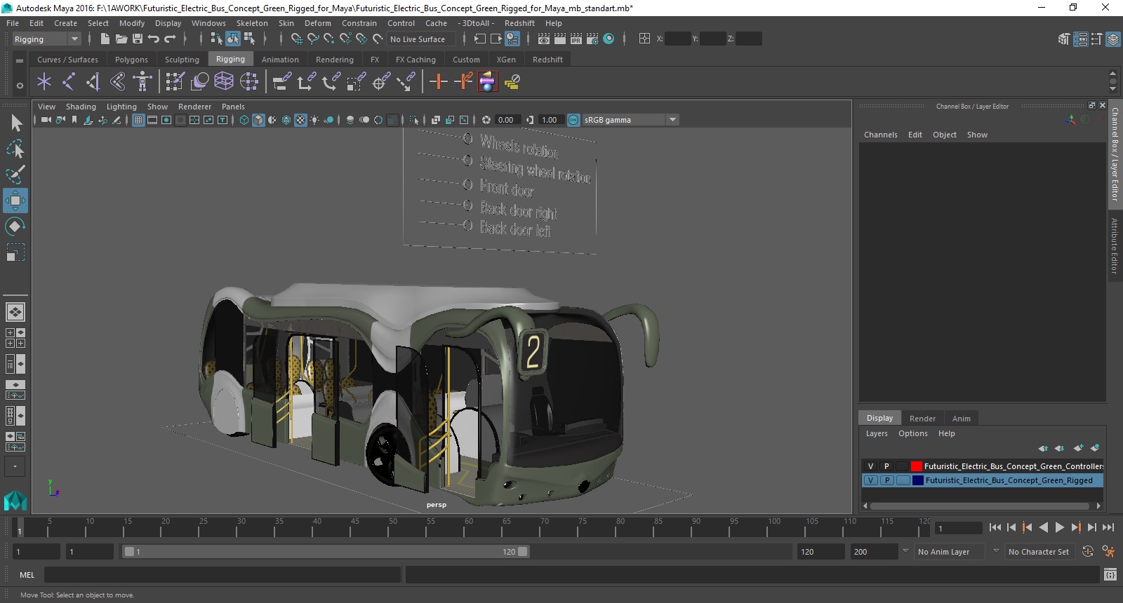 3D Futuristic Electric Bus Concept Green Rigged for Maya model
