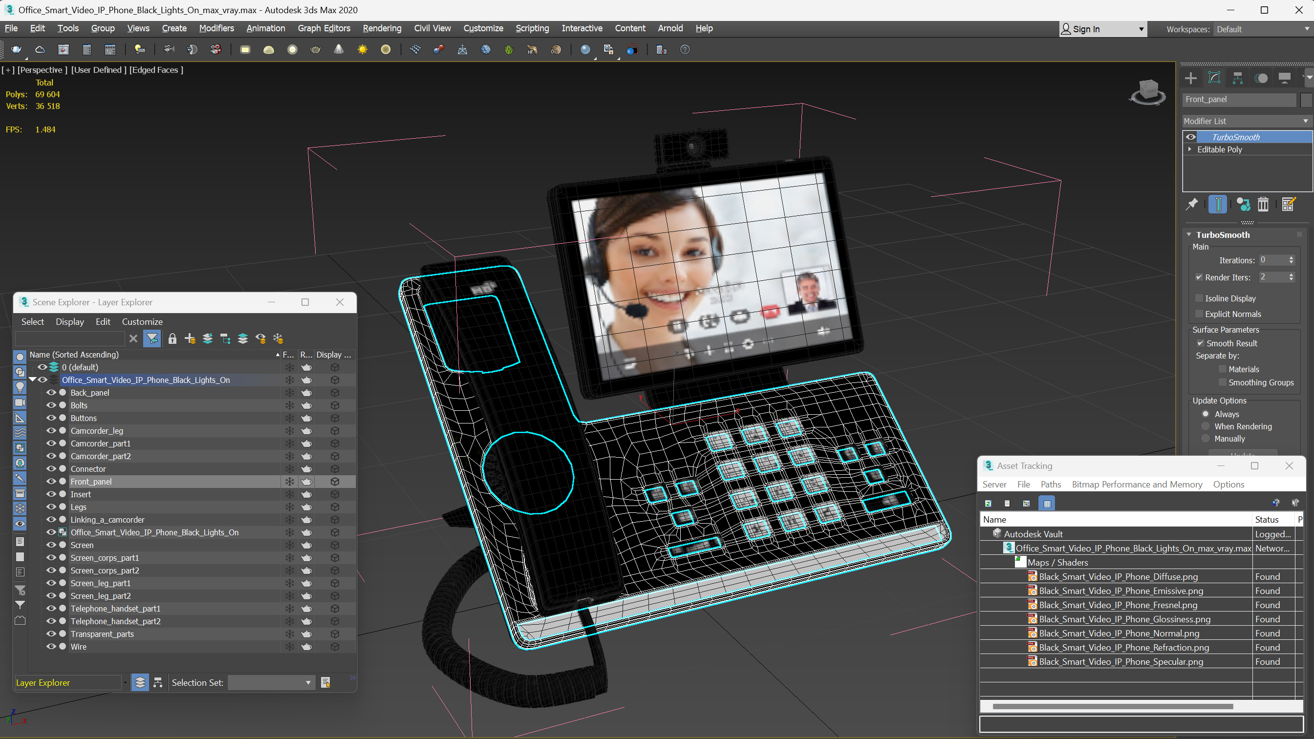 3D Office Smart Video IP Phone Black Lights On model