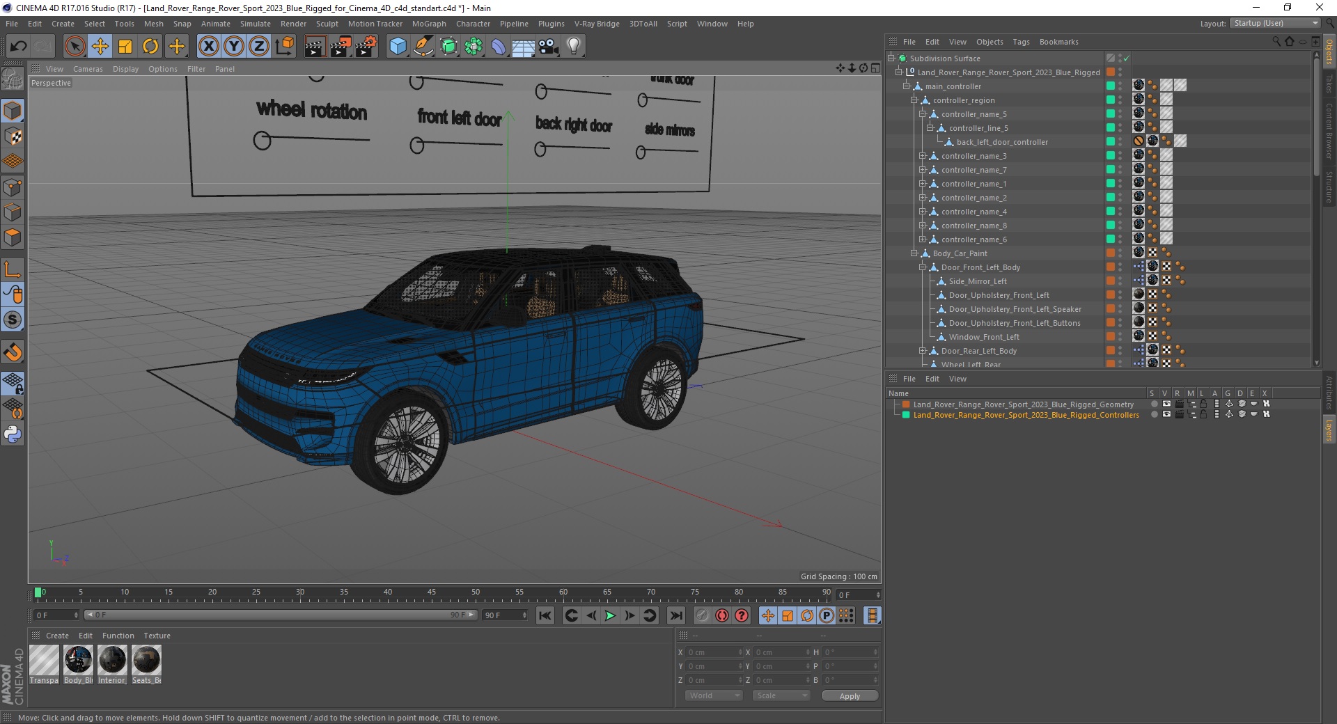 Land Rover Range Rover Sport 2023 Blue Rigged for Cinema 4D 3D model
