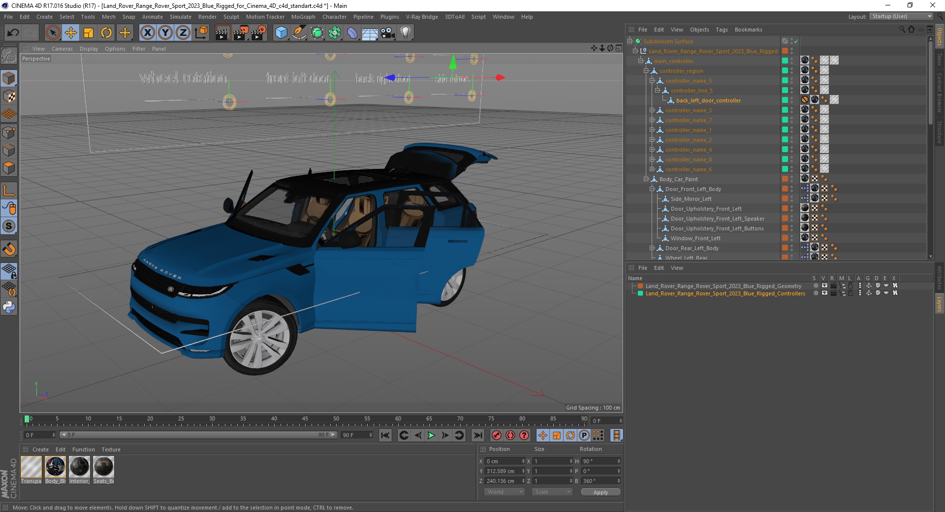 Land Rover Range Rover Sport 2023 Blue Rigged for Cinema 4D 3D model