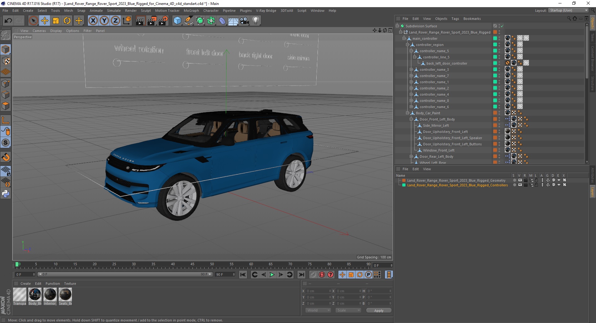 Land Rover Range Rover Sport 2023 Blue Rigged for Cinema 4D 3D model