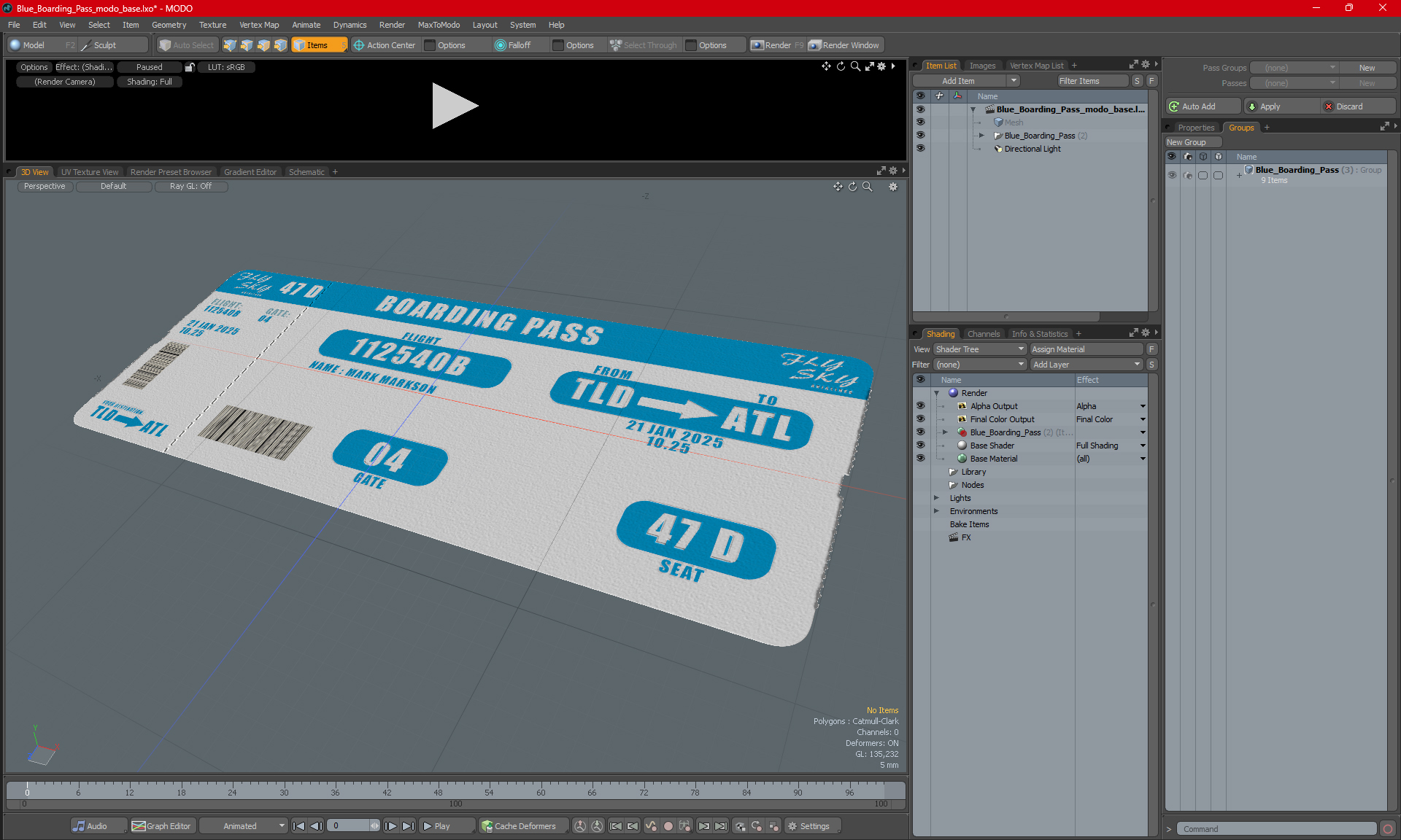 3D Blue Boarding Pass model