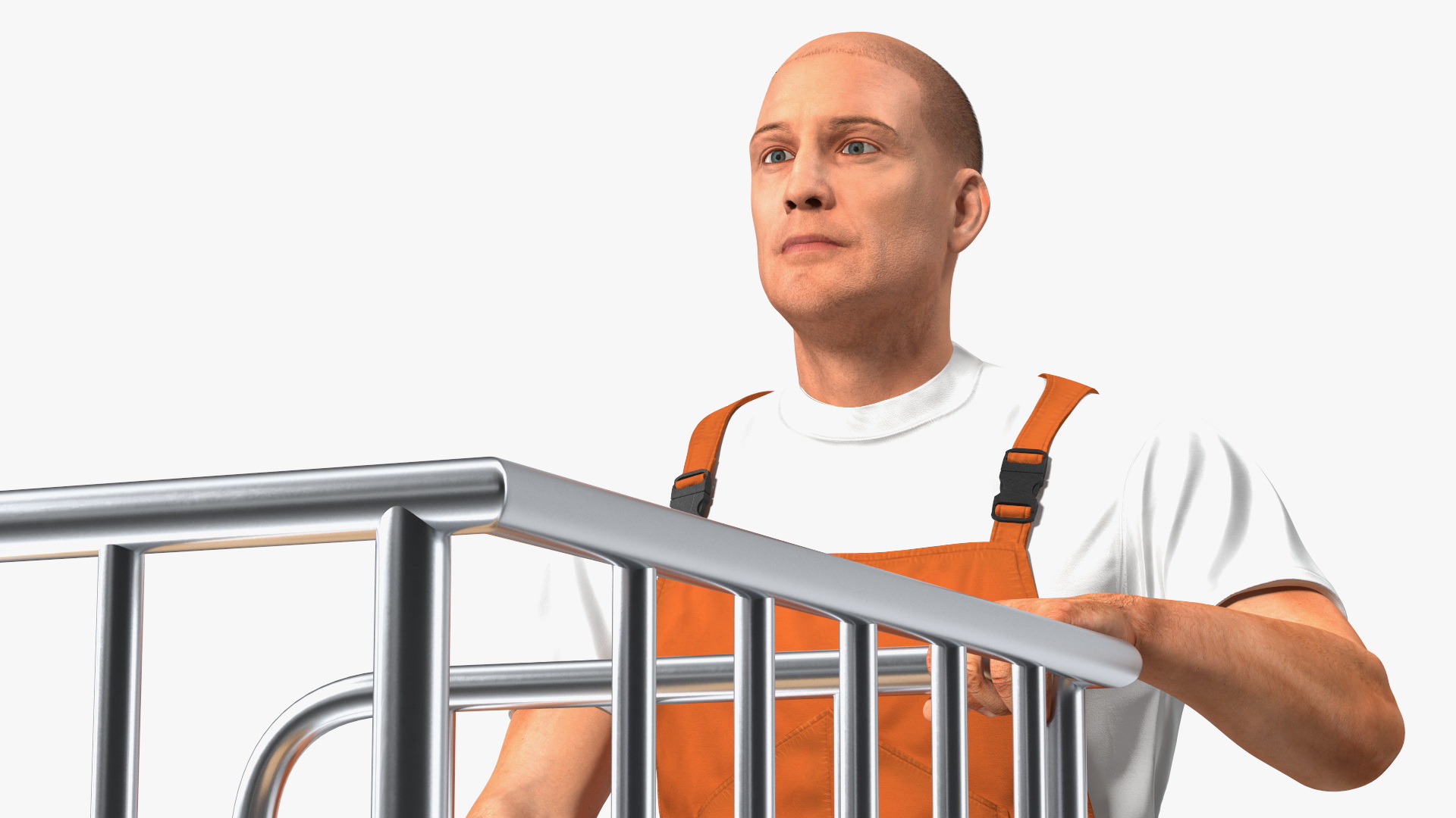 3D Worker with Trolley Platform High Railing Cardboard Boxes Fur