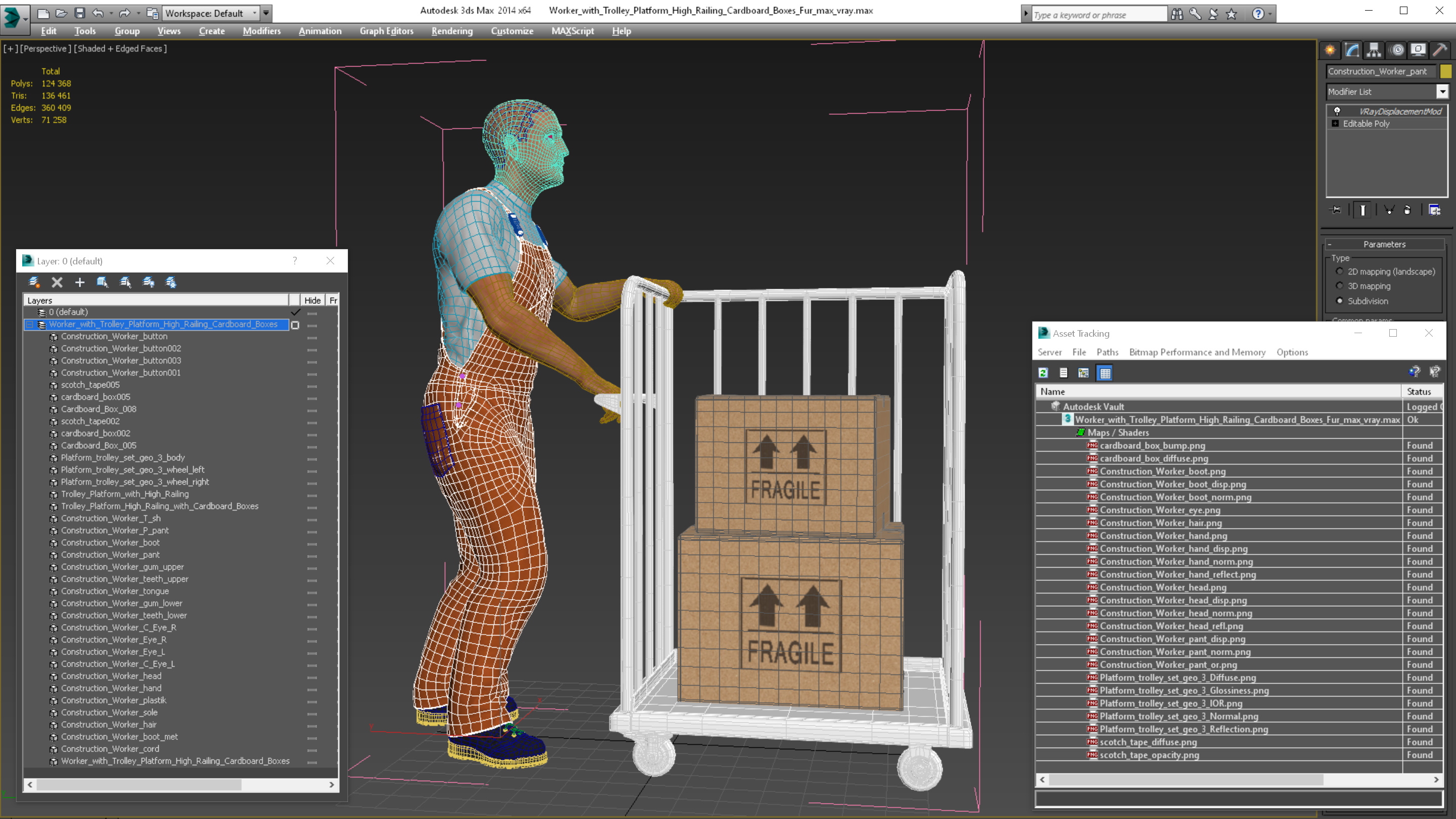 3D Worker with Trolley Platform High Railing Cardboard Boxes Fur