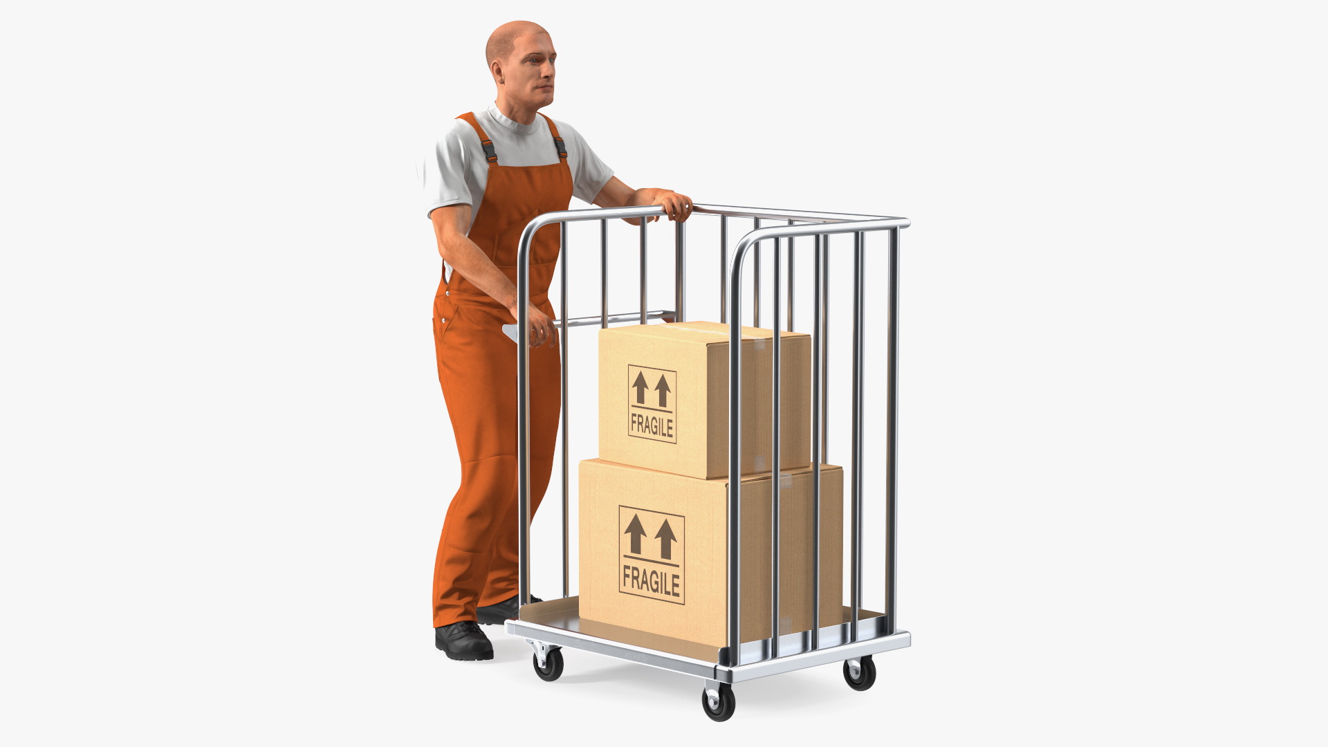 3D Worker with Trolley Platform High Railing Cardboard Boxes Fur